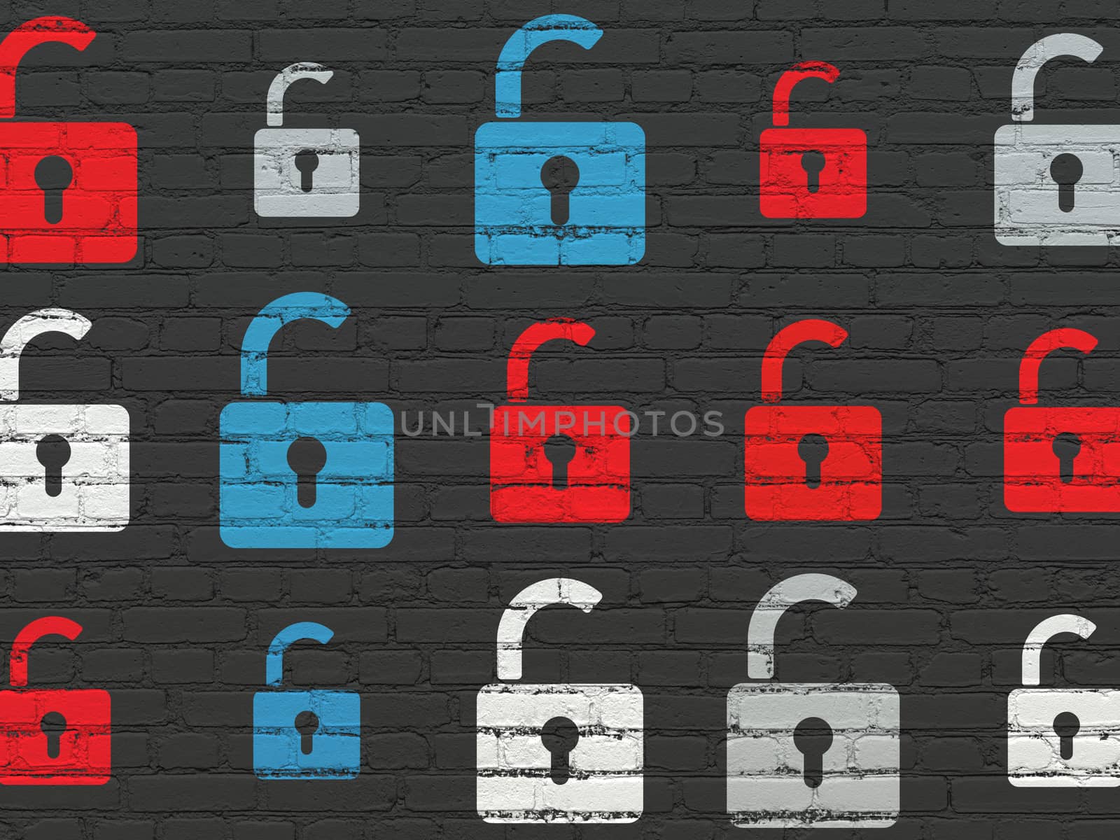 Security concept: multicolor Opened Padlock icons on wall background by maxkabakov