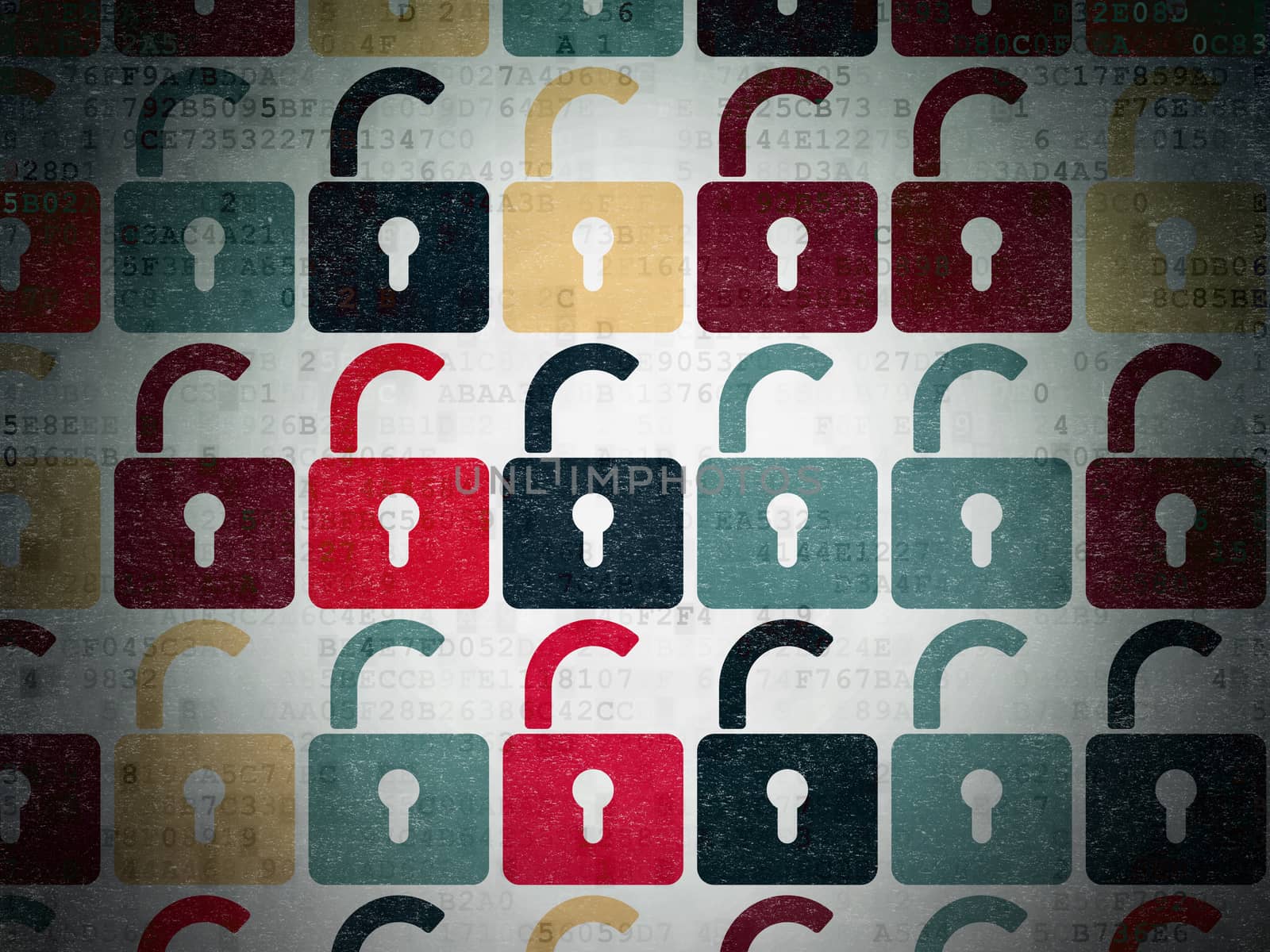 Protection concept: Painted multicolor Opened Padlock icons on Digital Paper digital background, 3d render