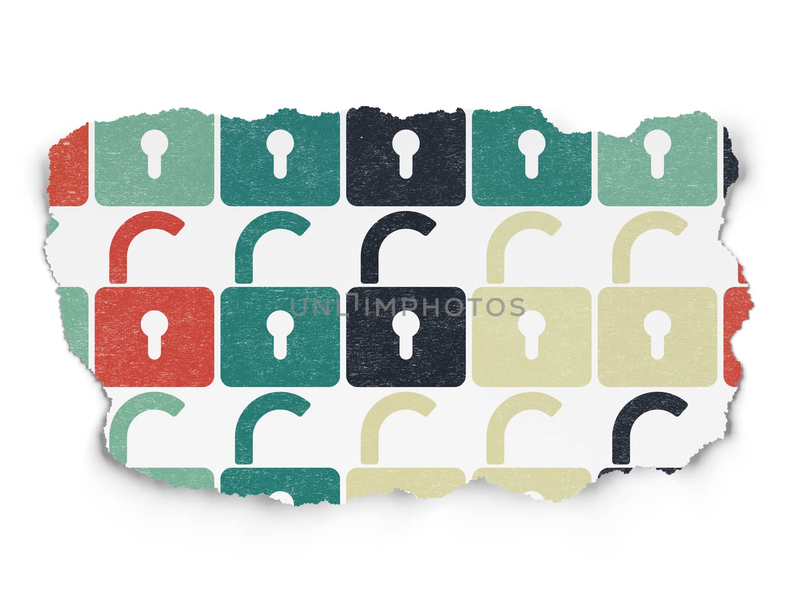 Security concept: multicolor Opened Padlock icons on Torn Paper background by maxkabakov
