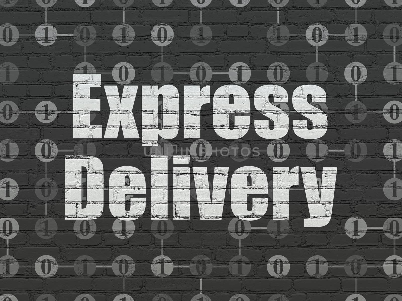 Finance concept: Painted white text Express Delivery on Black Brick wall background with Scheme Of Binary Code, 3d render
