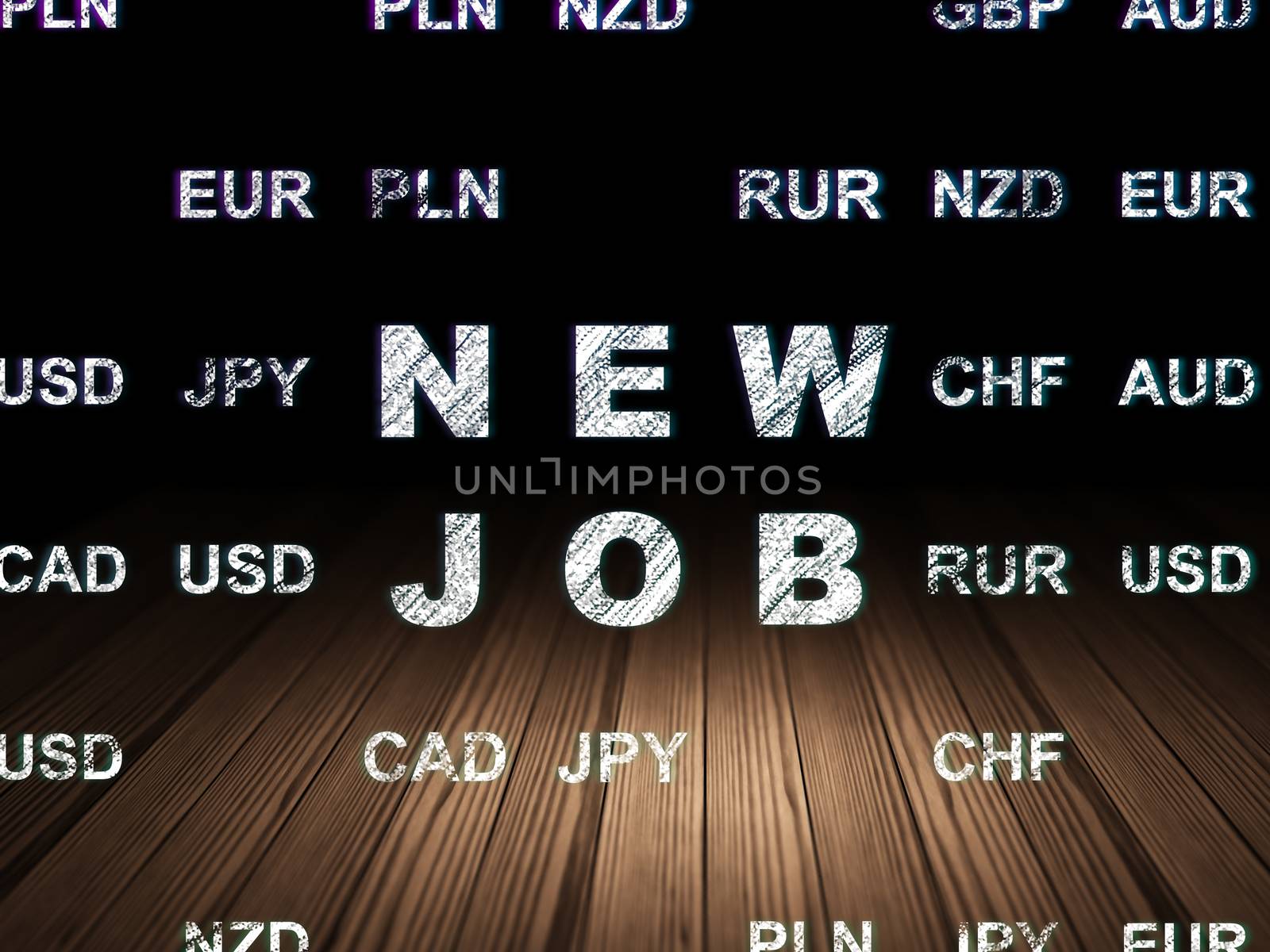 Finance concept: Glowing New Job icon in grunge dark room with Wooden Floor, black background with Currency, 3d render