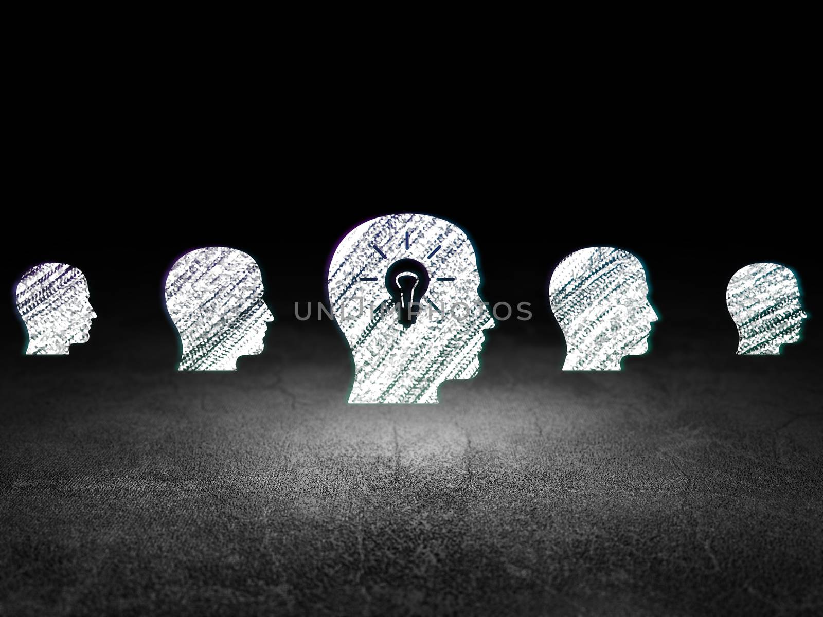 Business concept: row of Glowing head icons around head with light bulb icon in grunge dark room Dirty Floor, dark background, 3d render