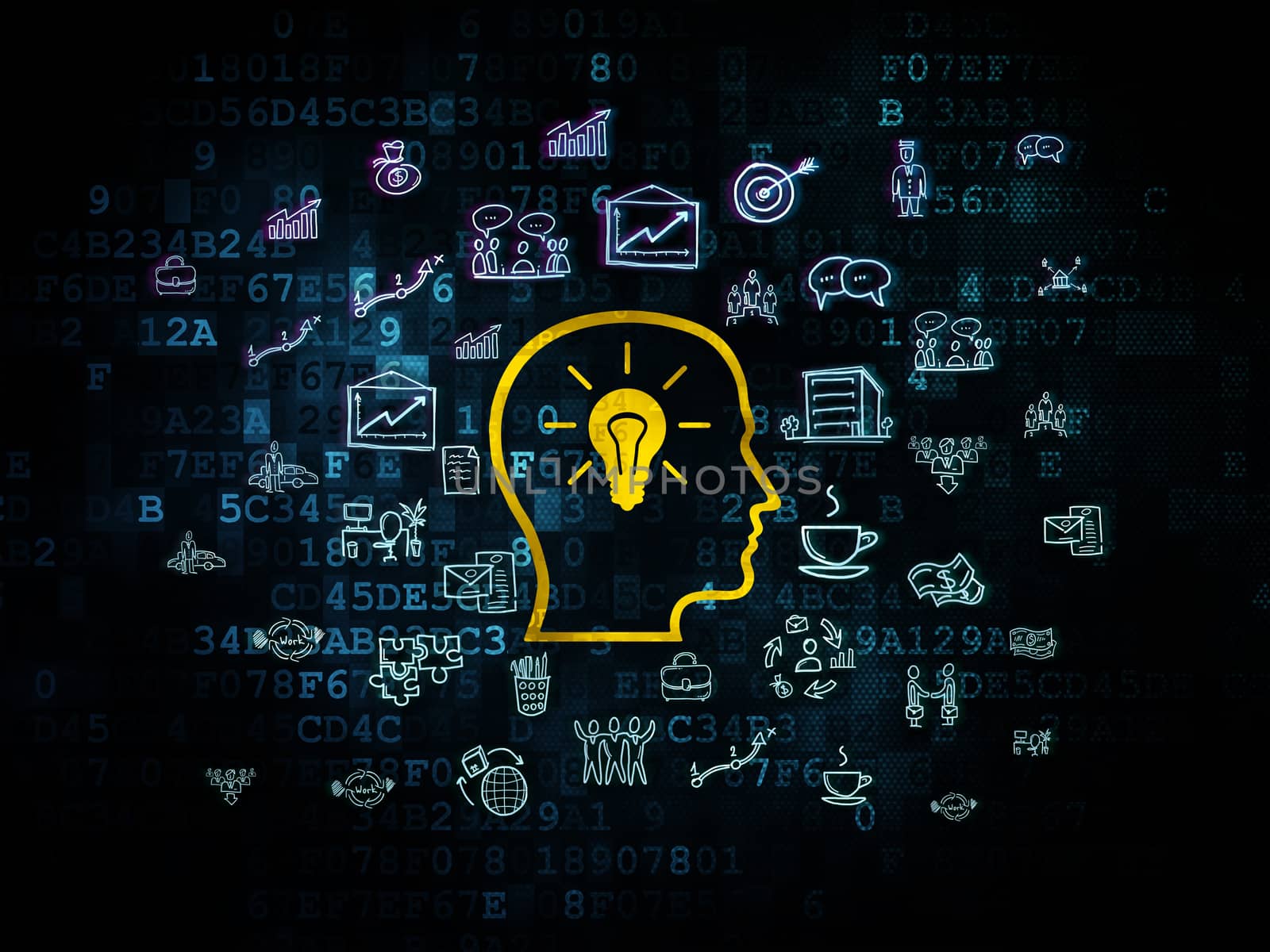 Business concept: Pixelated yellow Head With Lightbulb icon on Digital background with  Hand Drawn Business Icons, 3d render