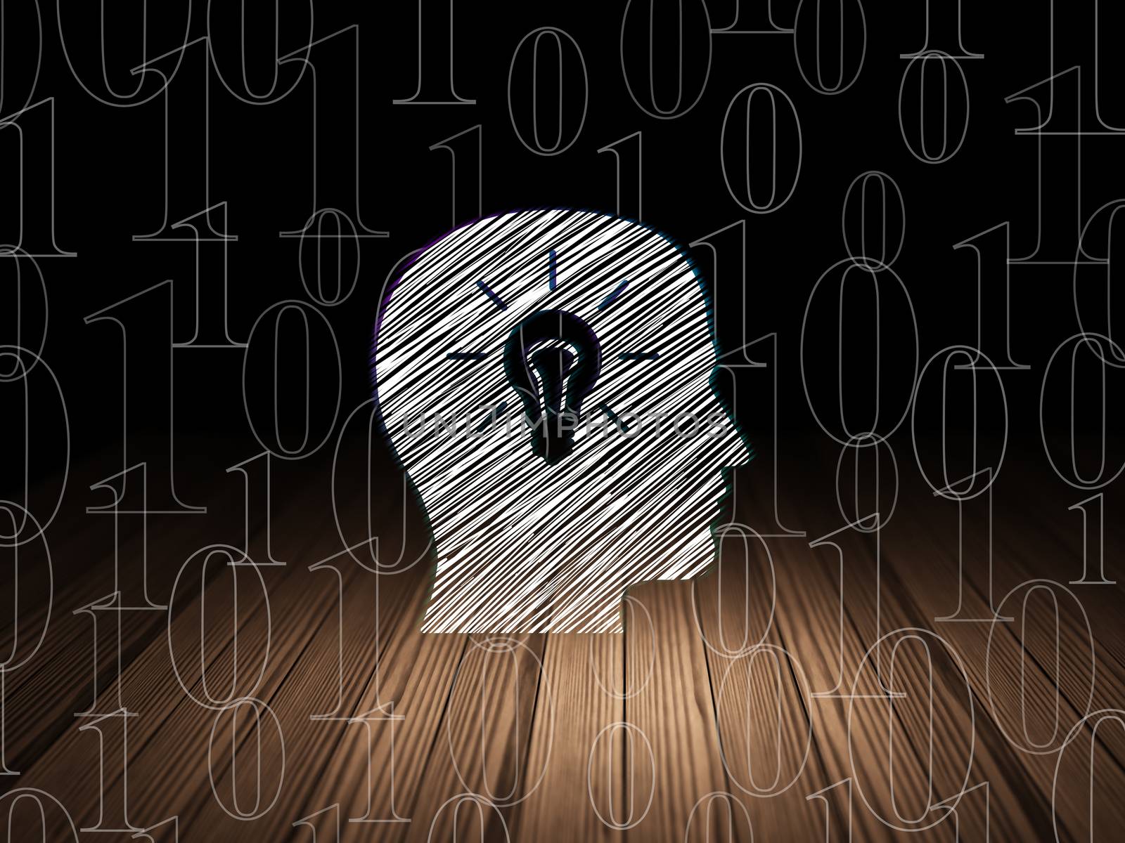 Finance concept: Glowing Head With Light Bulb icon in grunge dark room with Wooden Floor, black background with  Binary Code, 3d render
