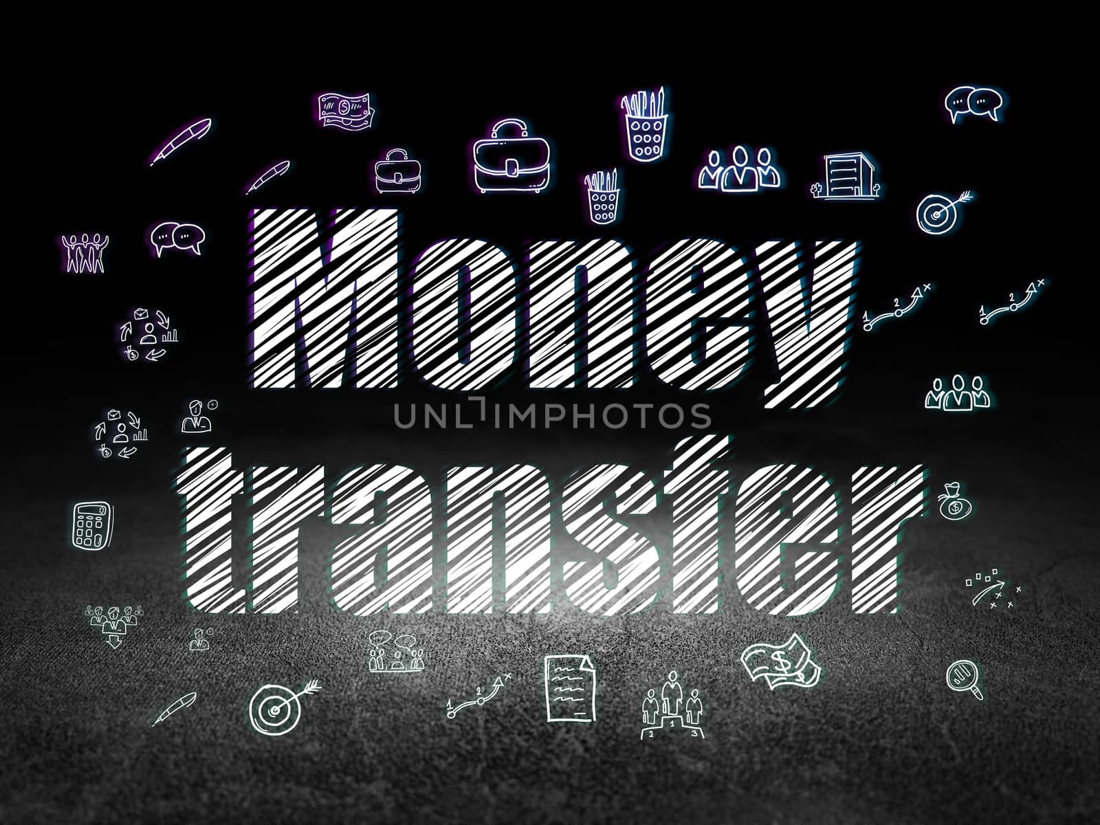 Finance concept: Glowing text Money Transfer,  Hand Drawn Business Icons in grunge dark room with Dirty Floor, black background, 3d render