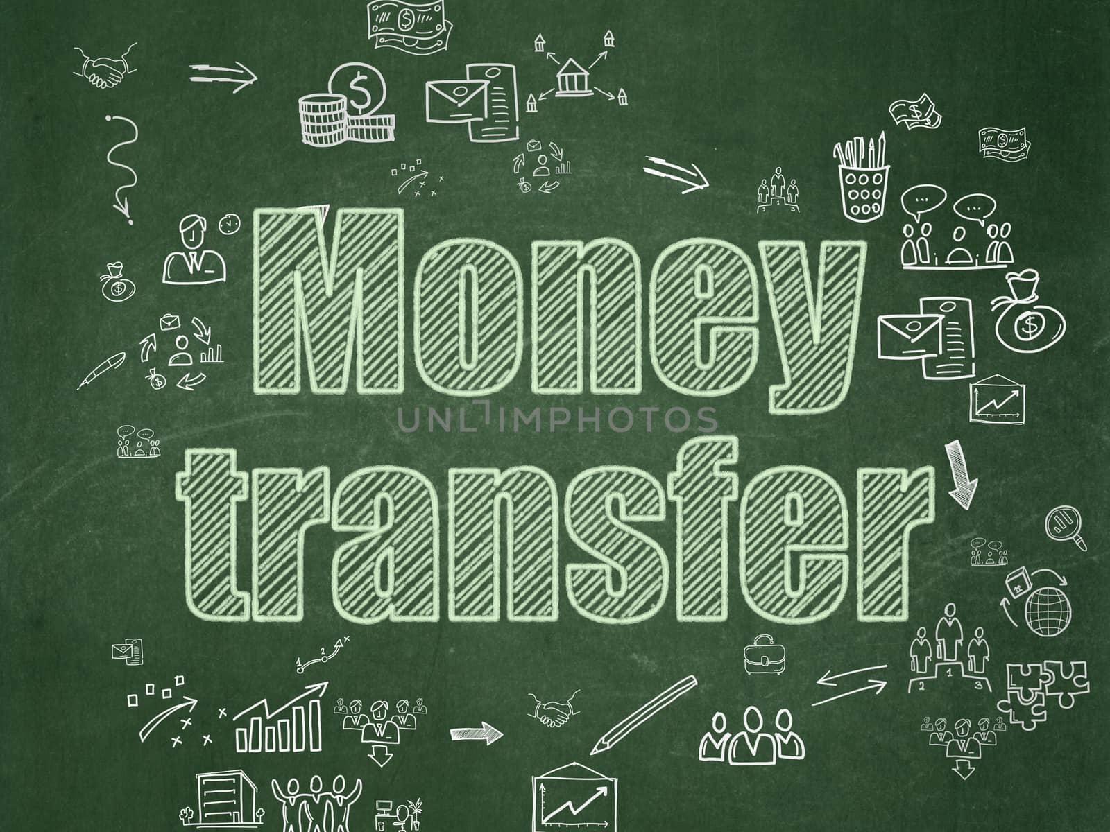 Finance concept: Chalk Green text Money Transfer on School Board background with Scheme Of Hand Drawn Business Icons, 3d render