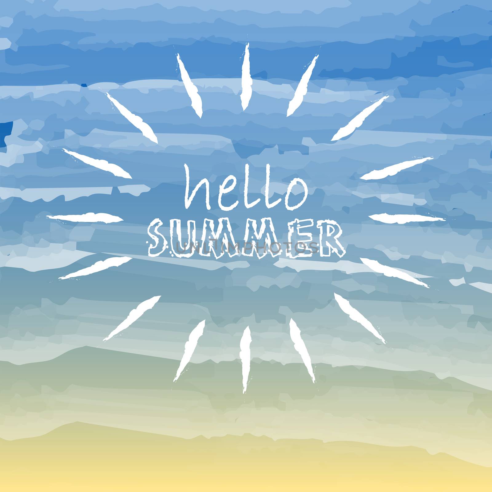 text hello summer with white sun over yellow blue background, seasonal card