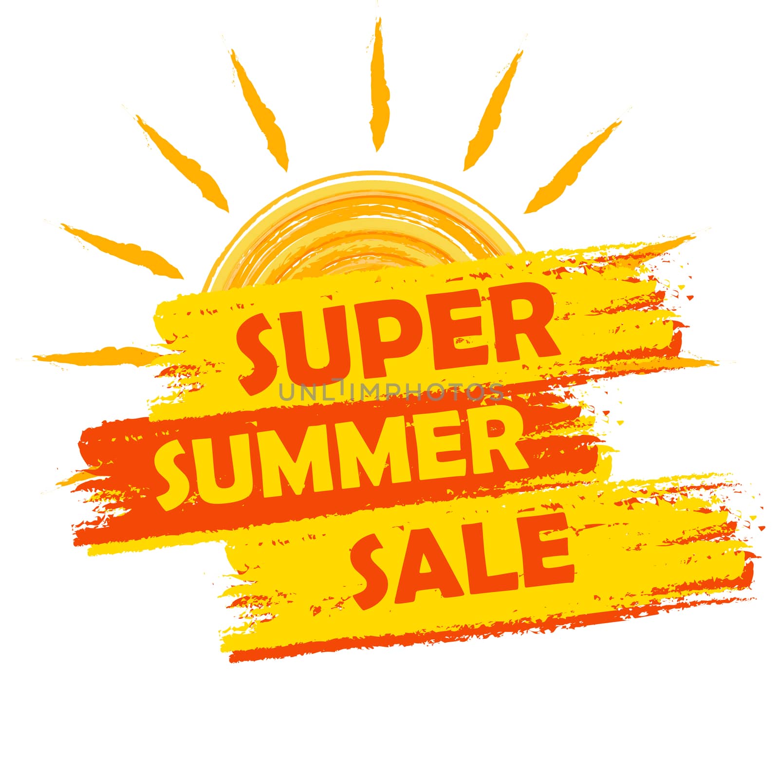 super summer sale banner - text in yellow and orange drawn label with sun symbol, business seasonal shopping concept
