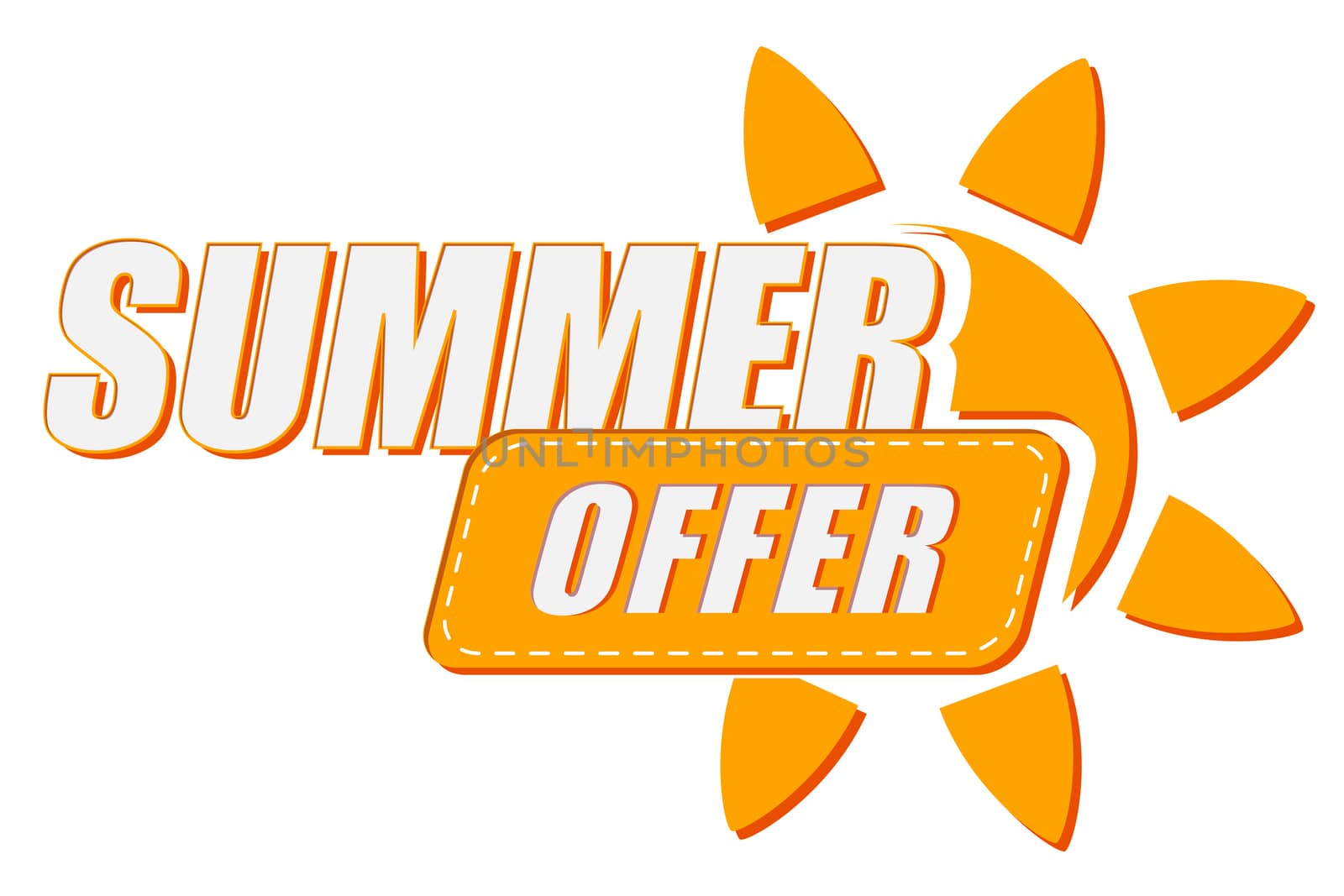 summer offer with sun sign, flat design label, business seasonal shopping concept