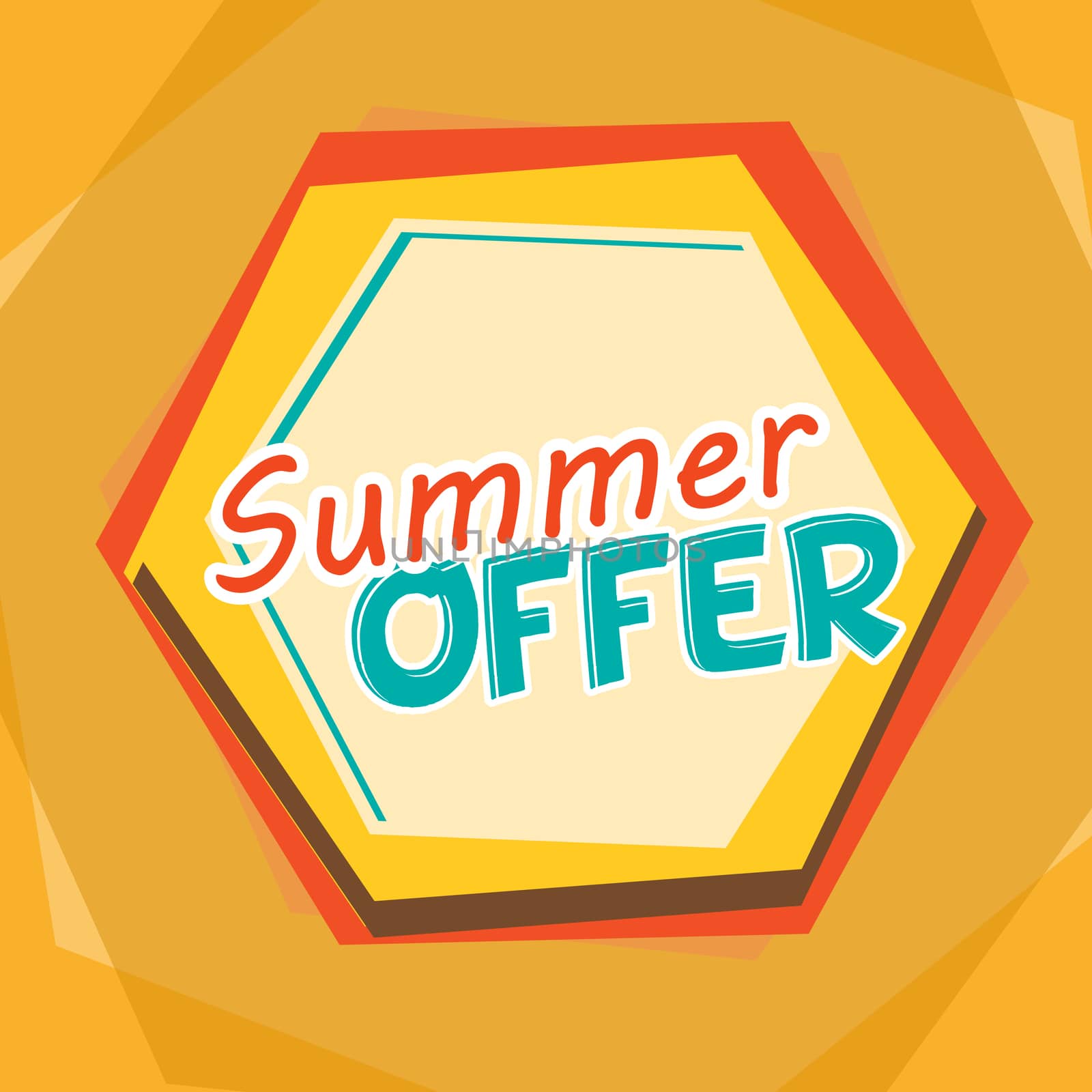 summer offer, yellow, orange and blue cartoon drawn label by marinini