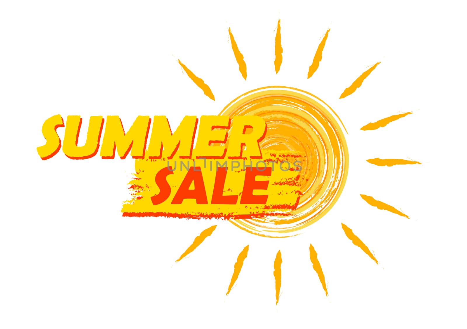 summer sale with sun sign, yellow and orange drawn label by marinini