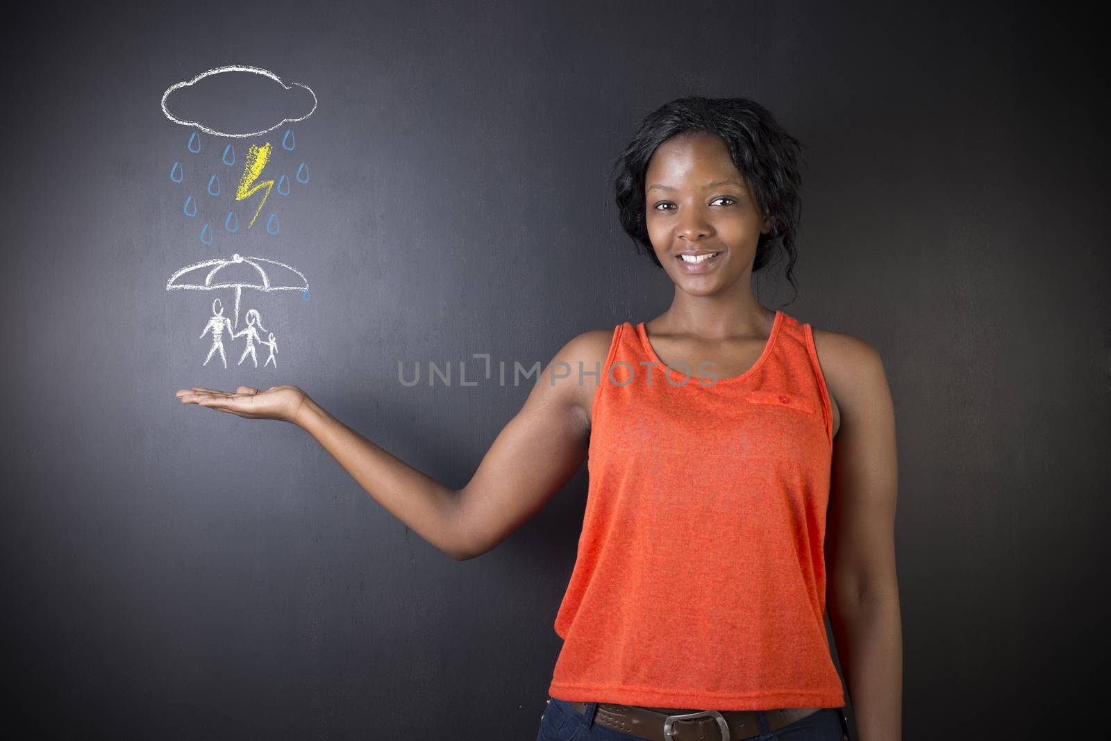 South African or African American woman teacher or student thinking about protecting family from natural disaster on blackboard background