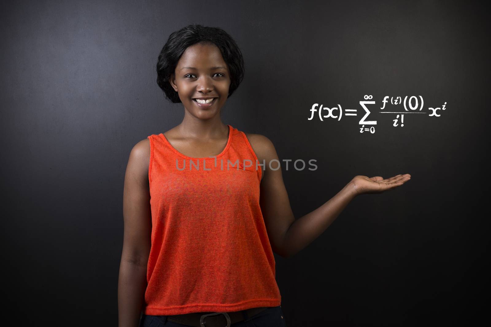 Learn Math or Maths South African or African American woman teacher or student chalk blackboard background