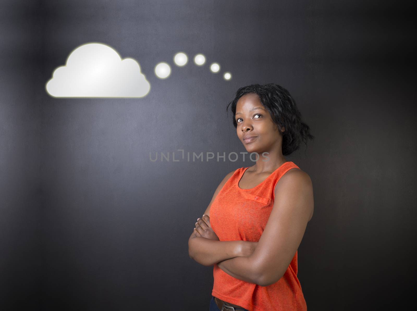 South African or African American woman teacher or student thinking cloud by alistaircotton