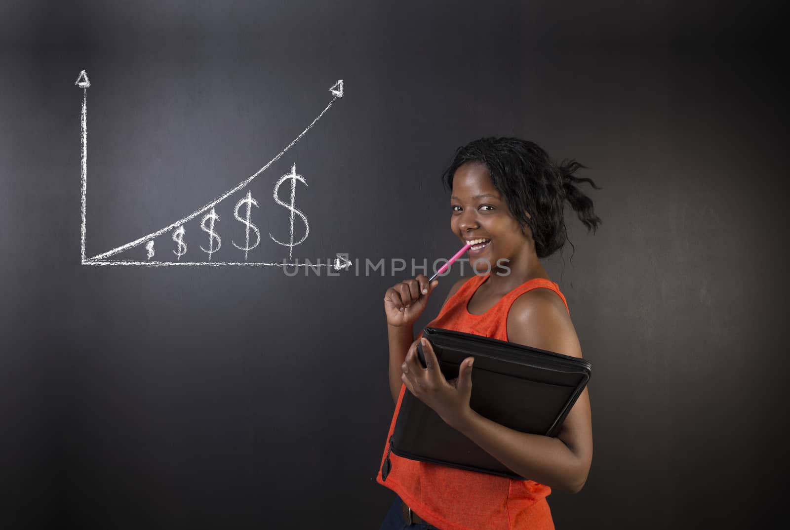 South African or African American woman teacher or student against blackboard background money graph by alistaircotton