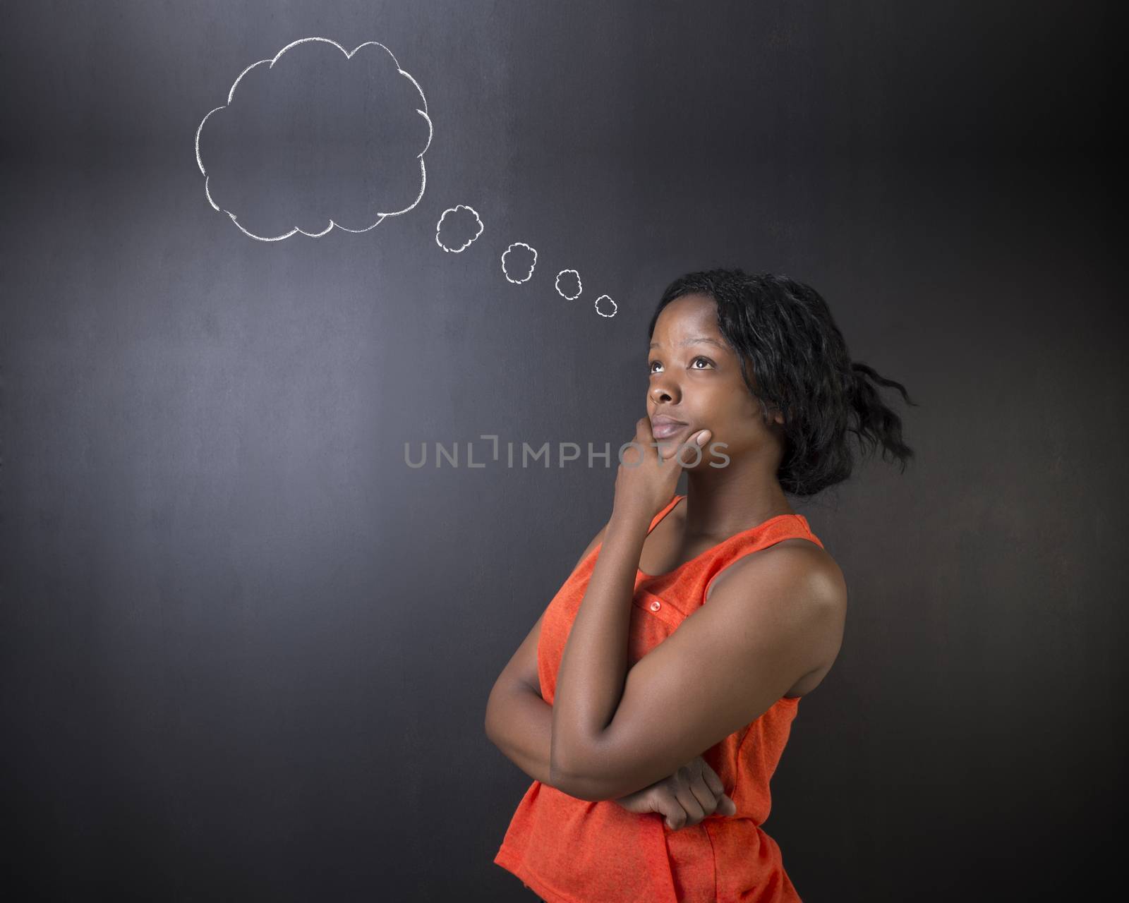 South African or African American woman teacher or student thinking with thought clouds