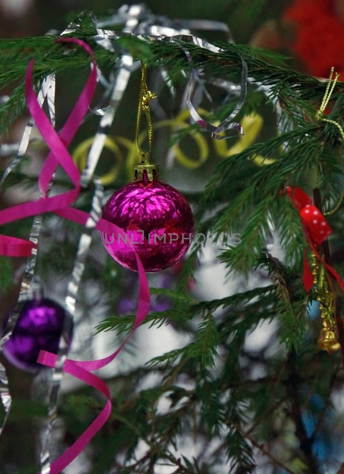  Christmas tree decorated with toys close-up                                 