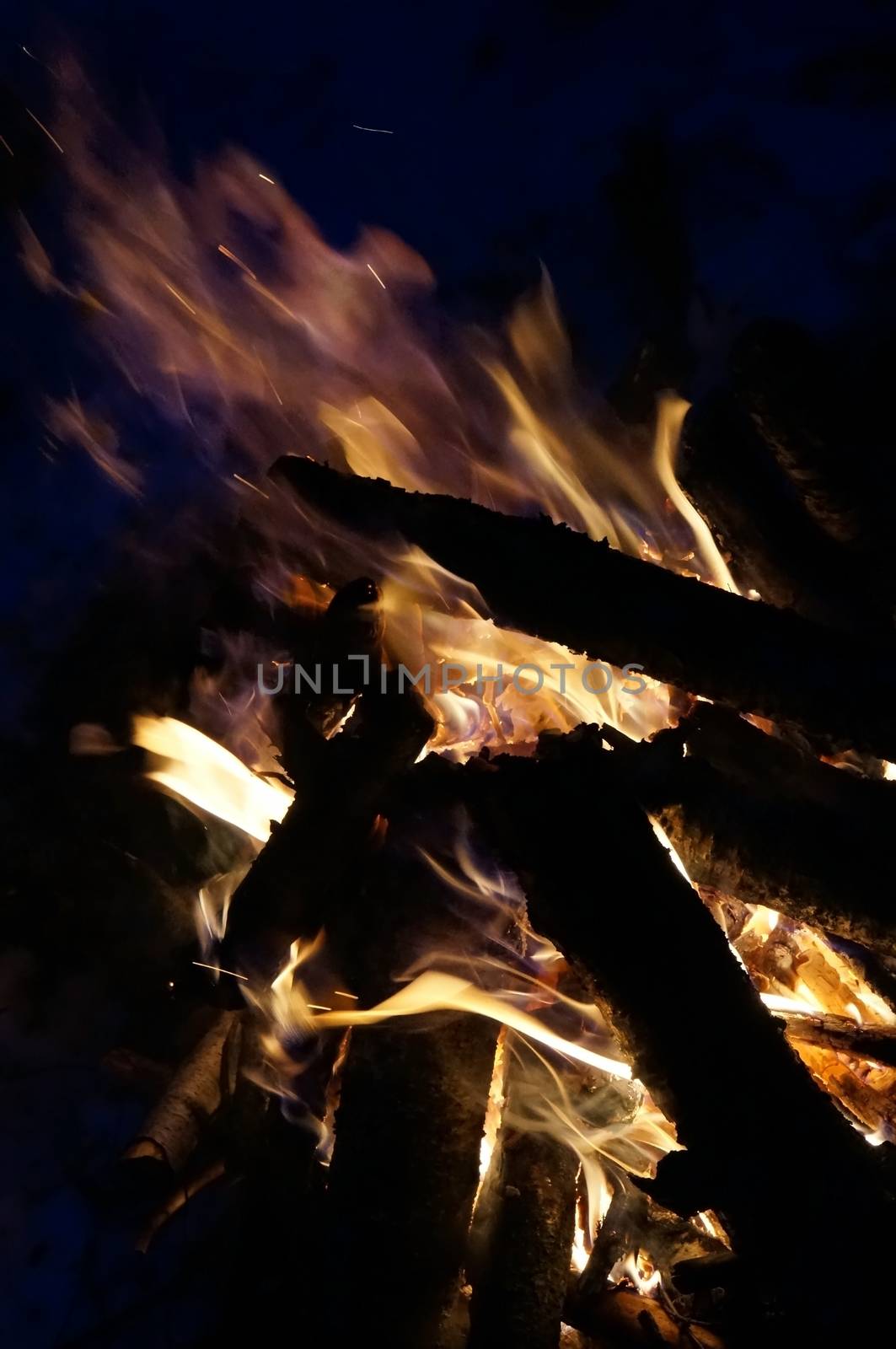 Night fire with sparks in a forest in winter                                  