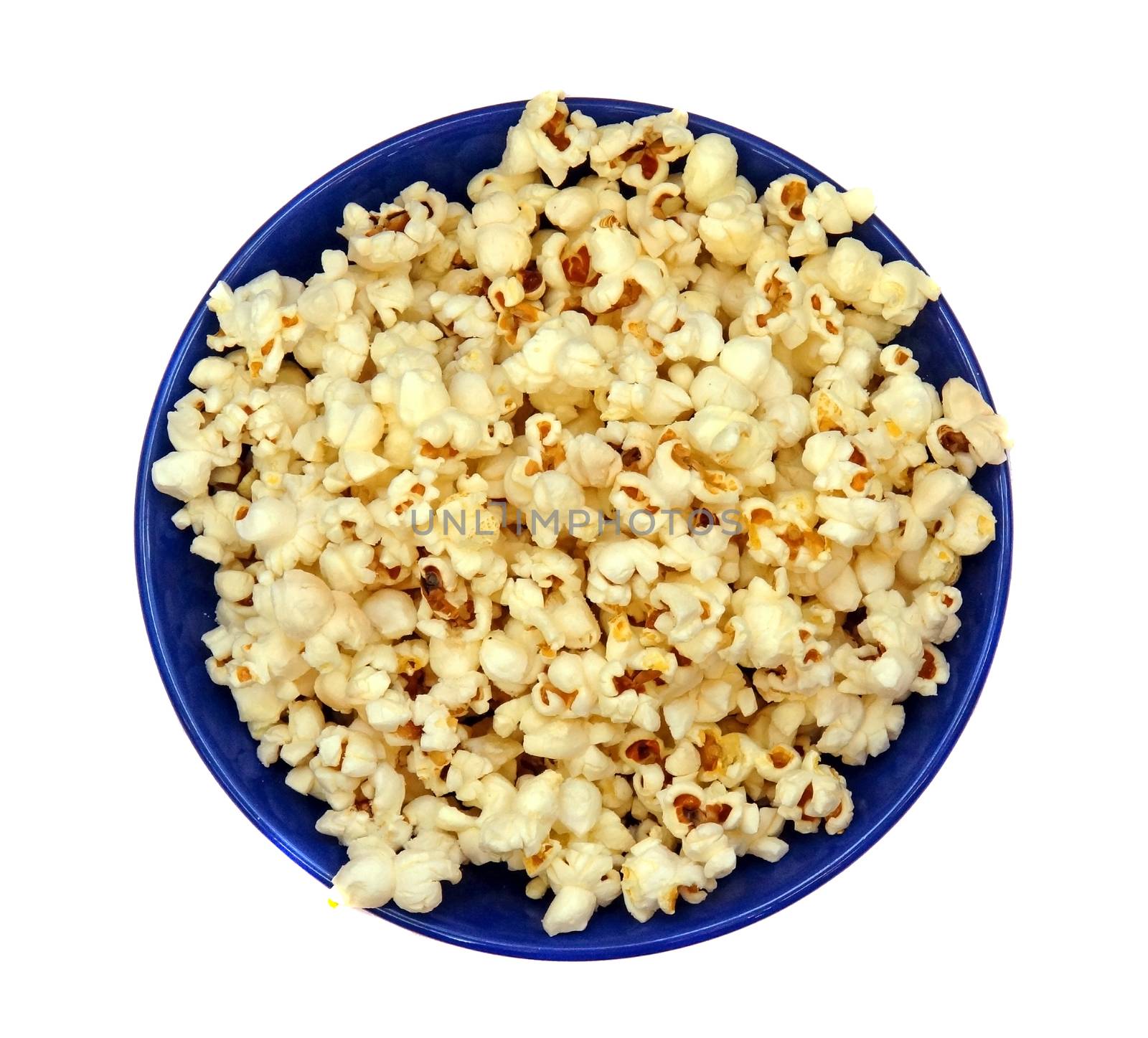 Popcorn in a blue plate isolated closeup by Chiffanna