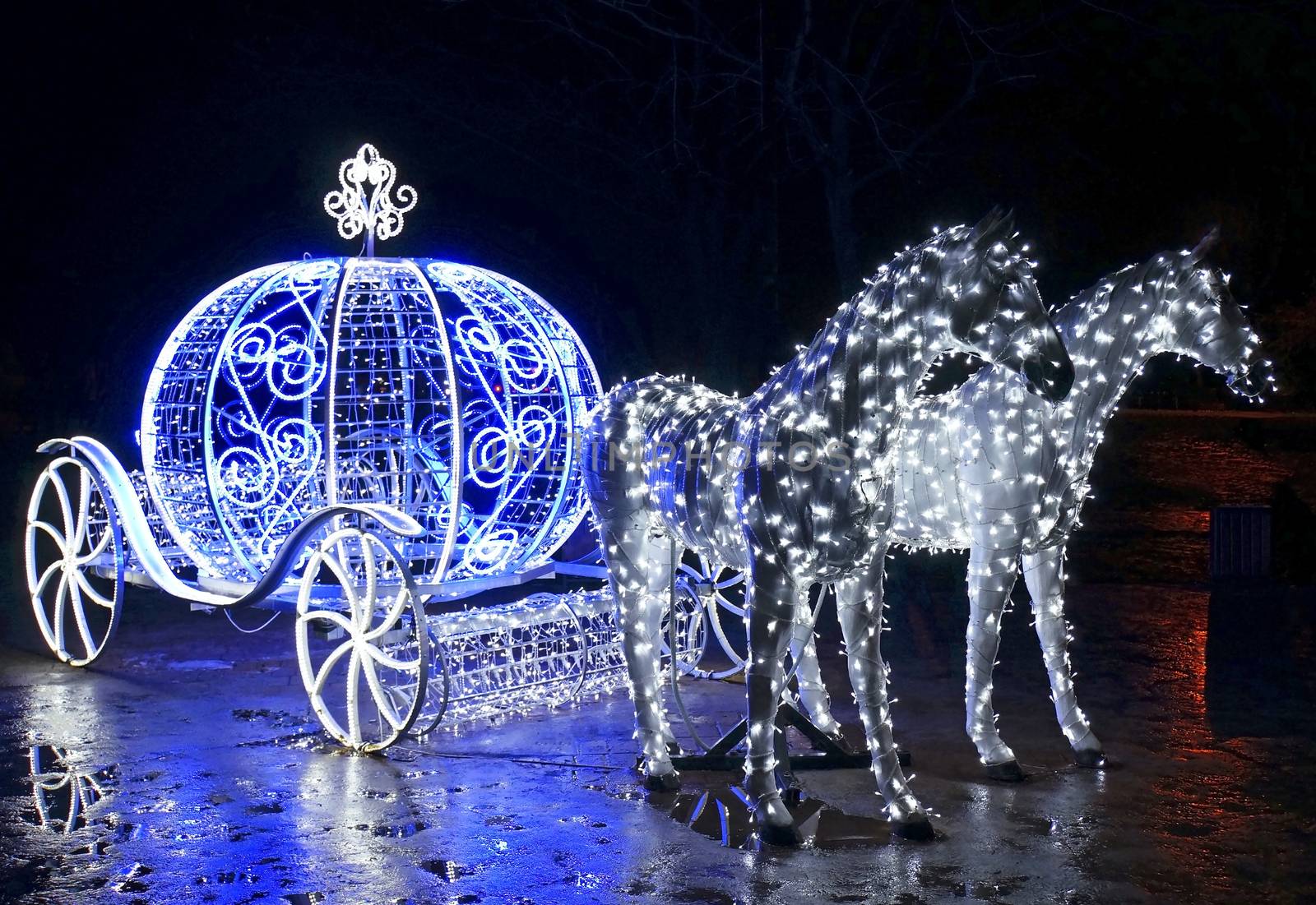 Decorative carriage with horses decorated with lights  by Chiffanna