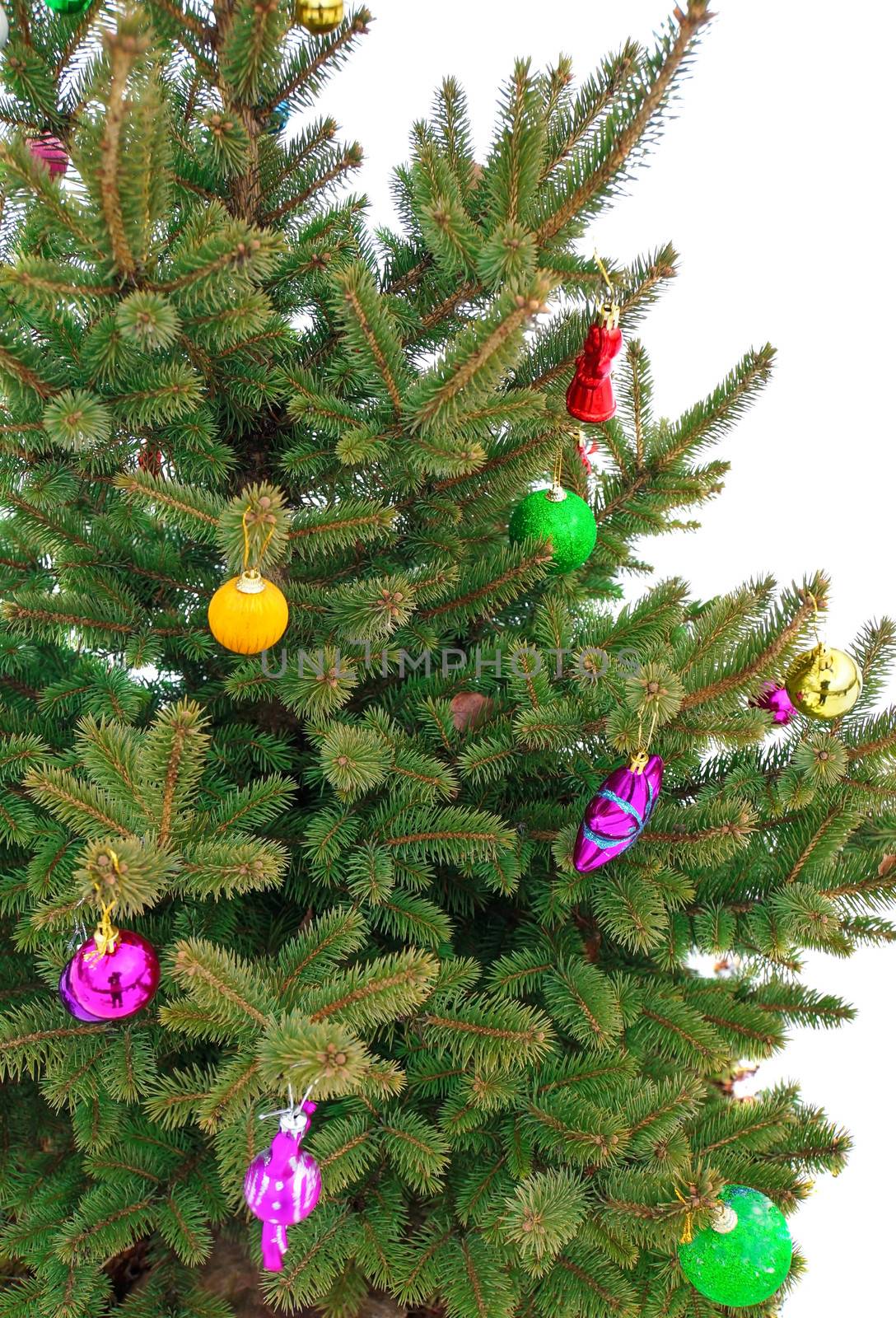 Christmas tree decorated with toys close-up