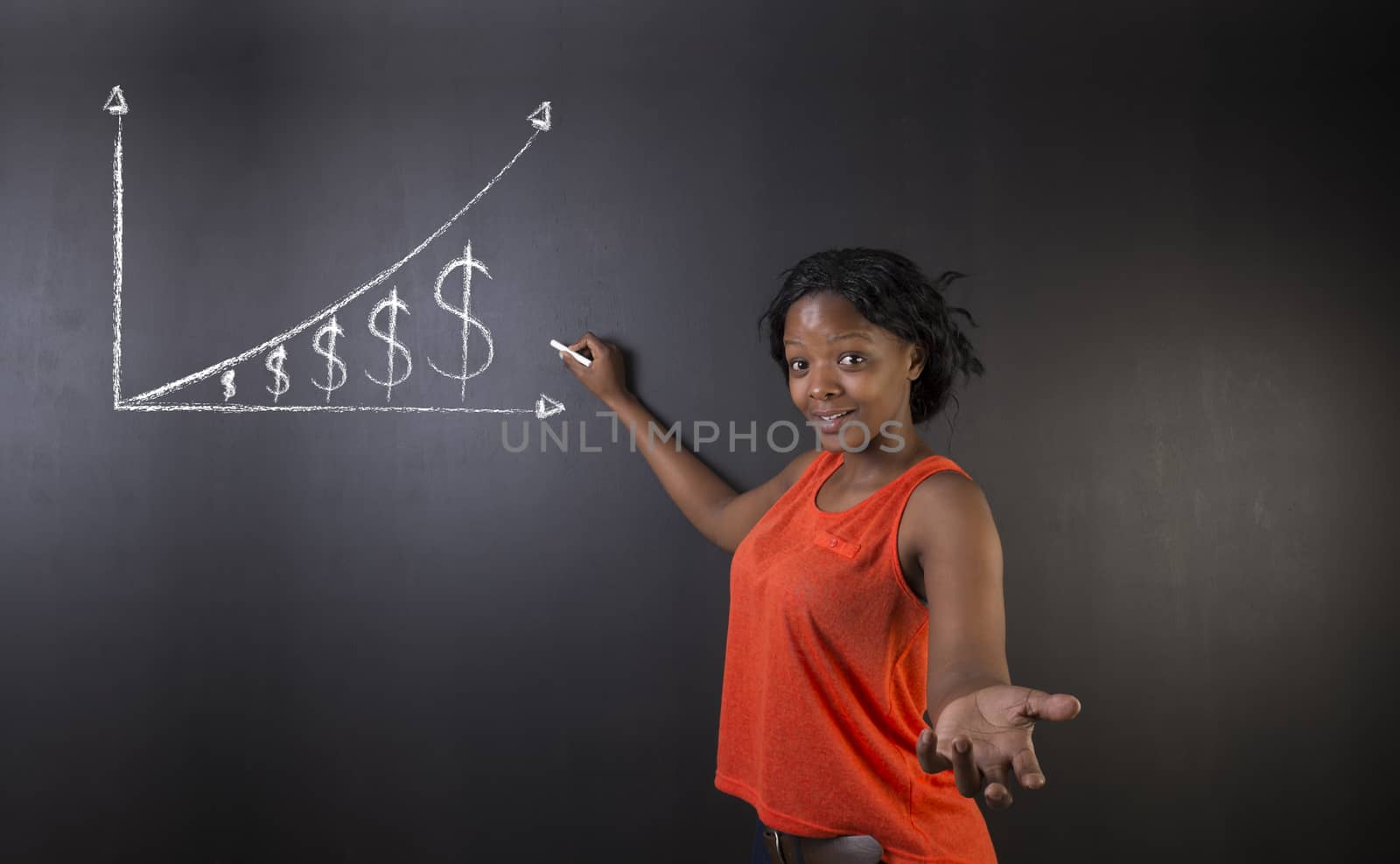 South African or African American woman teacher or student against blackboard background showing chalk money graph