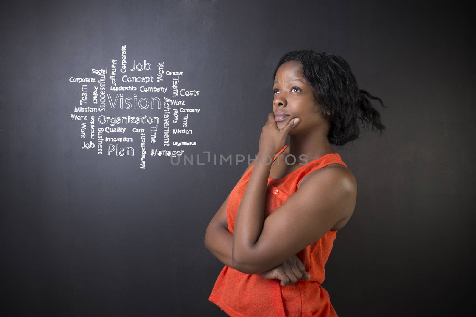 South African or African American woman teacher or student against blackboard background with chalk vision diagram