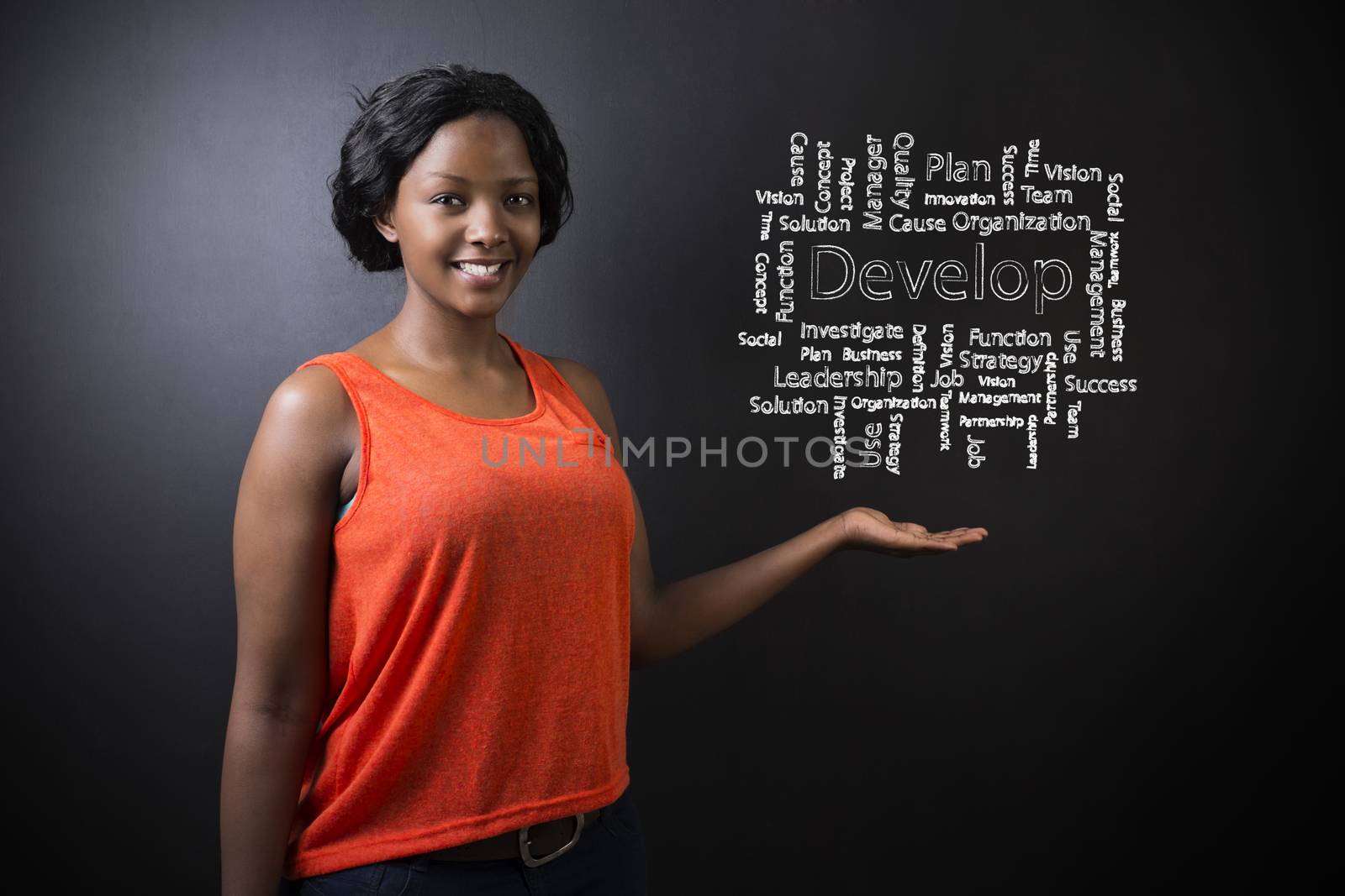 South African or African American woman teacher or student against blackboard background develop diagram by alistaircotton