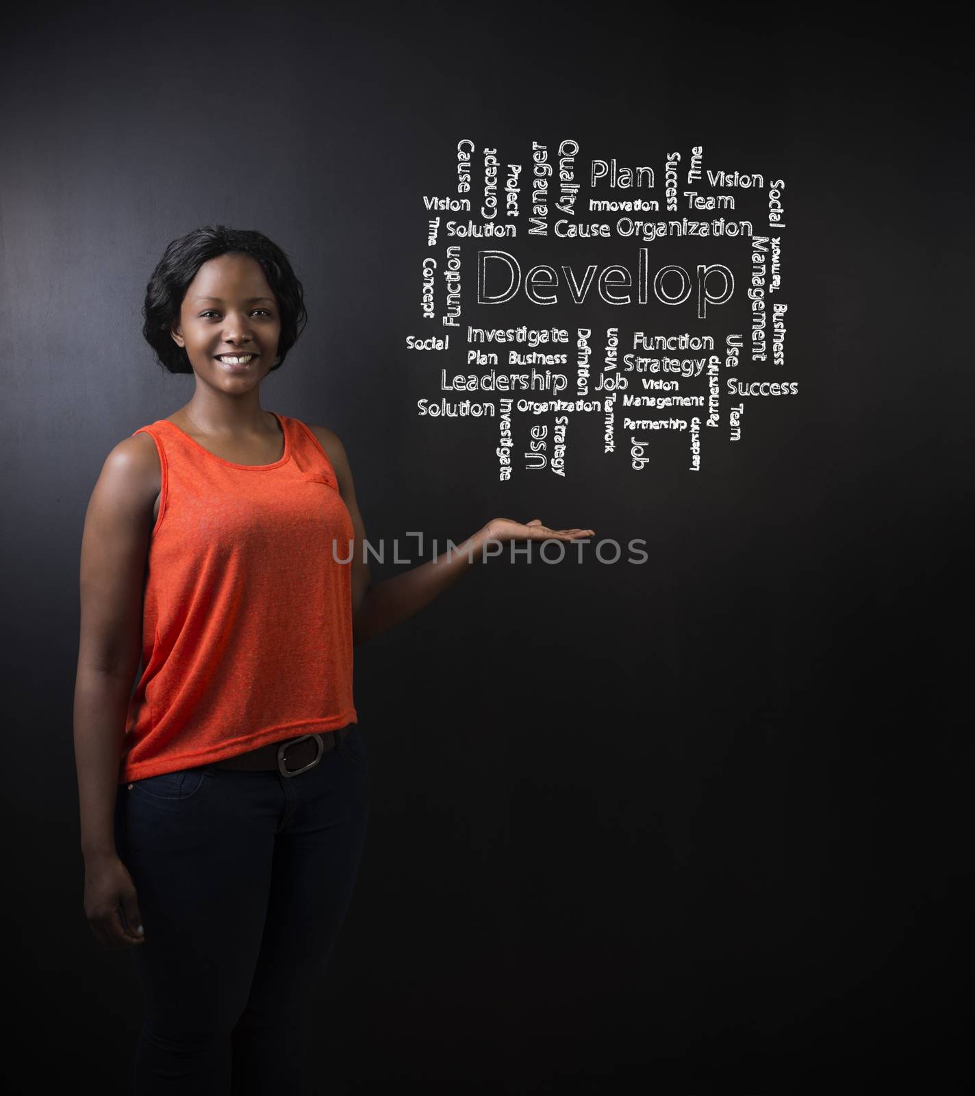 South African or African American woman teacher or student against blackboard background with chalk develop diagram