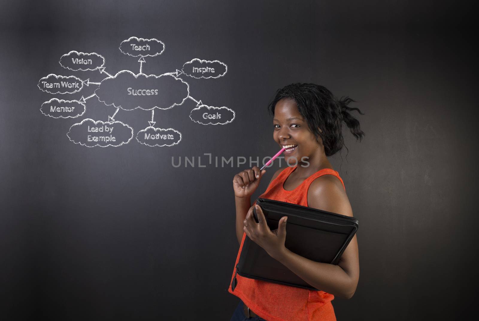 South African or African American woman teacher or student standing holding a diary and pen against a blackboard background with a chalk success diagram