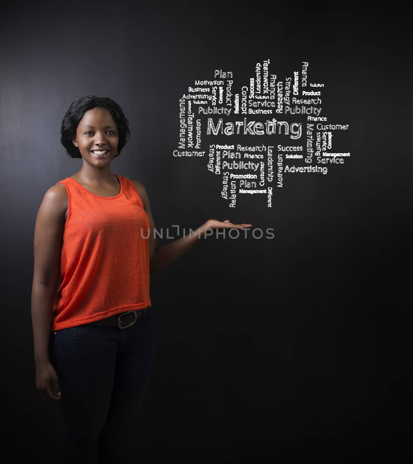 South African or African American woman teacher or student standing with her hand out against a blackboard background with a chalk marketing diagram