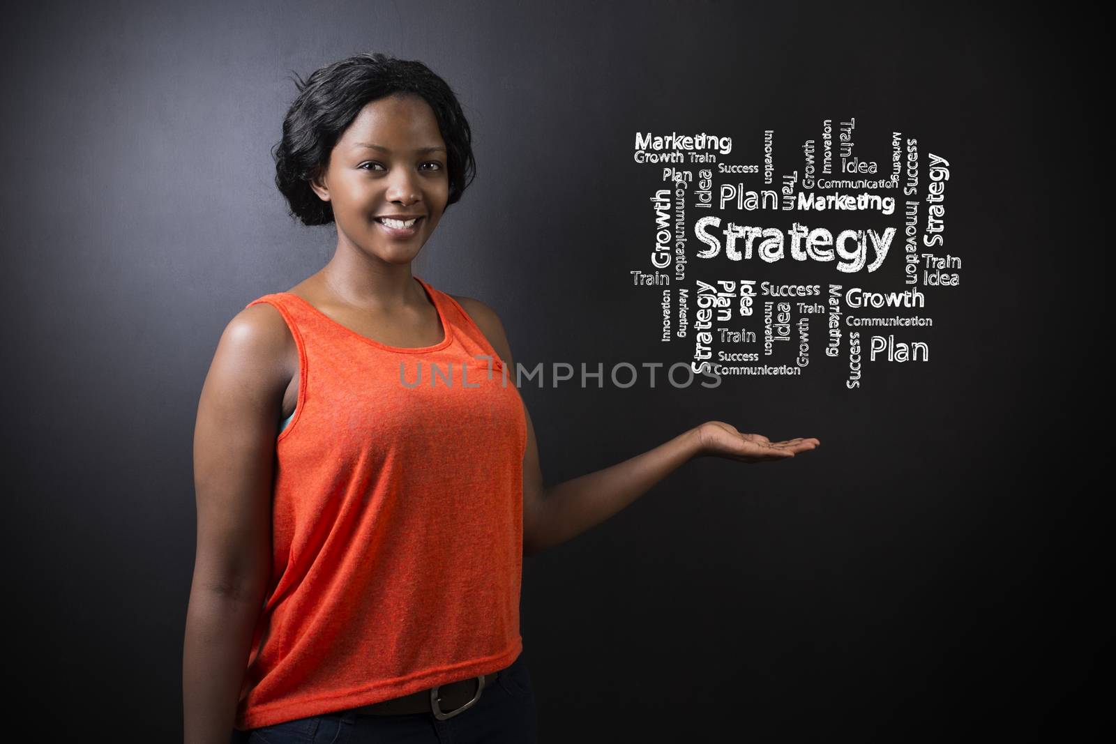 South African or African American woman teacher or student holding hand out against a blackboard background with a chalk strategy diagram