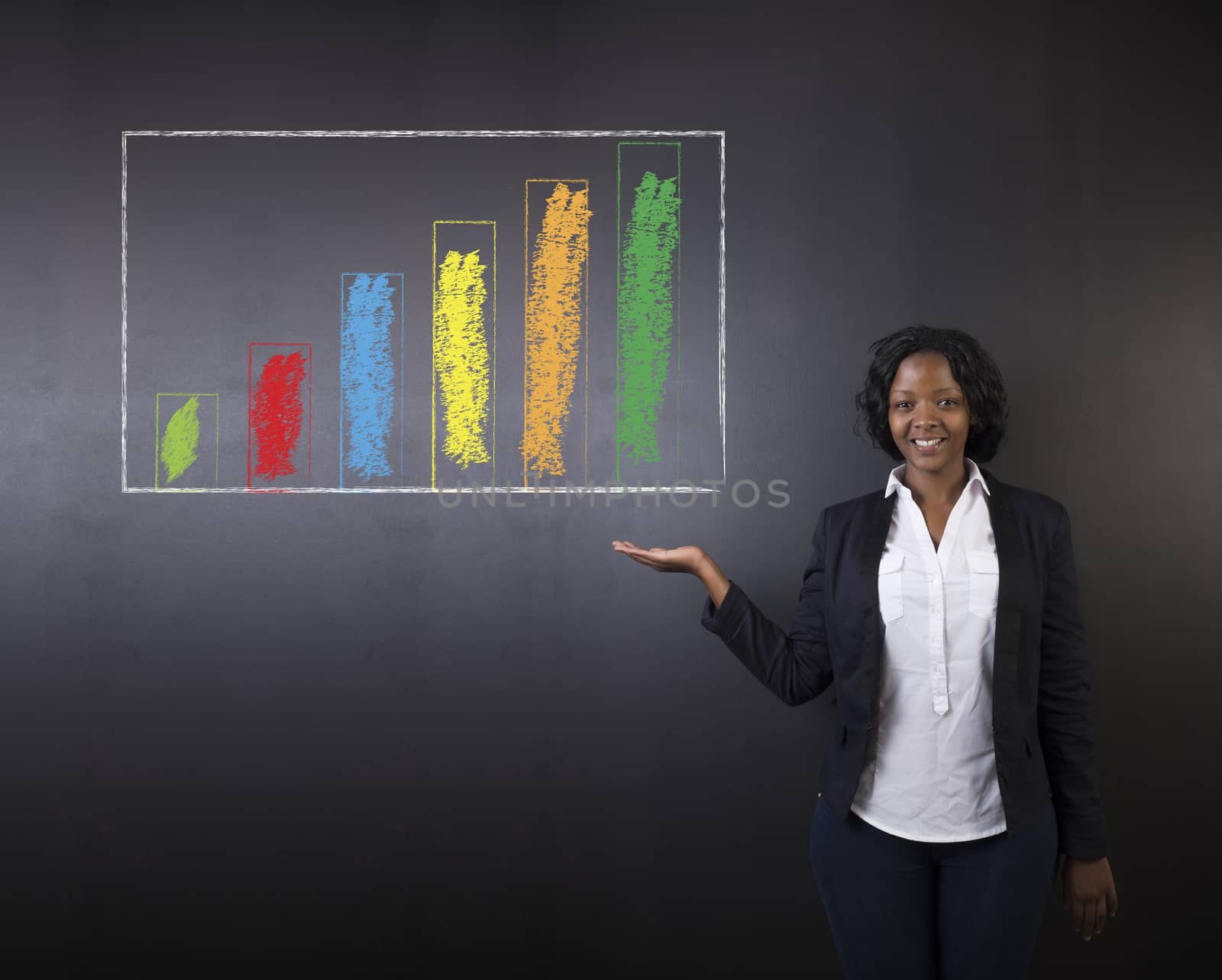 South African or African American woman teacher or student thumbs up against blackboard chalk   bar graph by alistaircotton