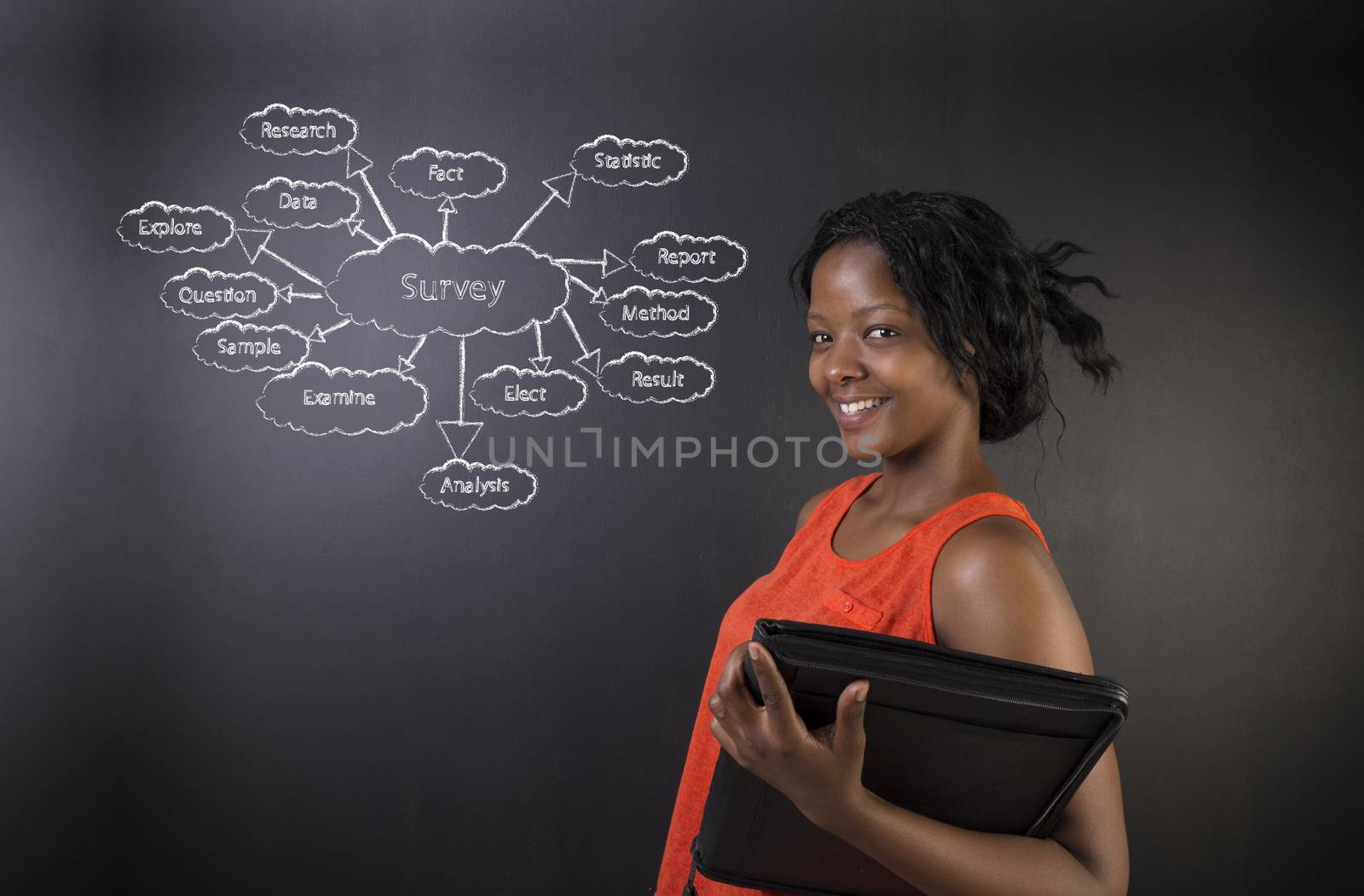 South African or African American woman teacher or student holding hand a diary or book standing against a blackboard background with a chalk survey diagram concept