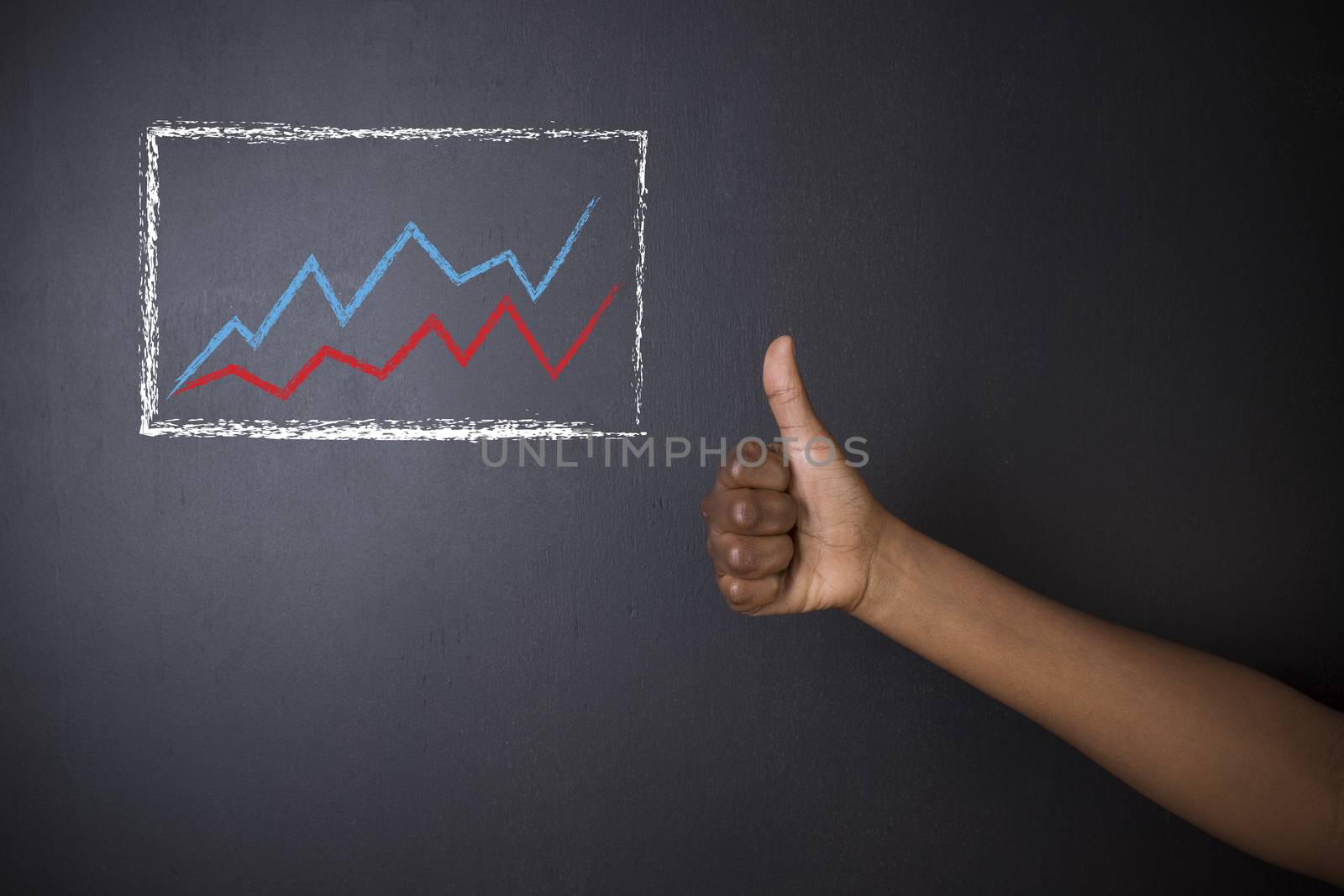 South African or African American woman teacher or student thumbs up against blackboard background with chalk growth line graph