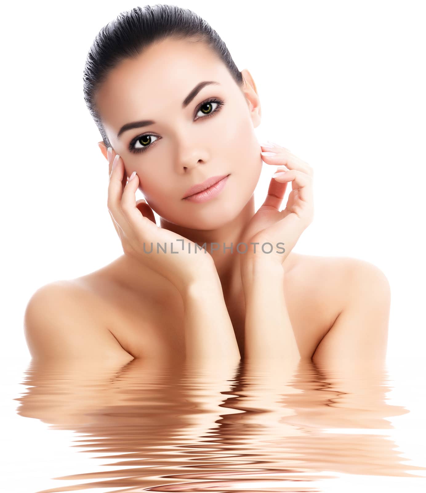 Beautiful female against a white background, isolated, copyspace