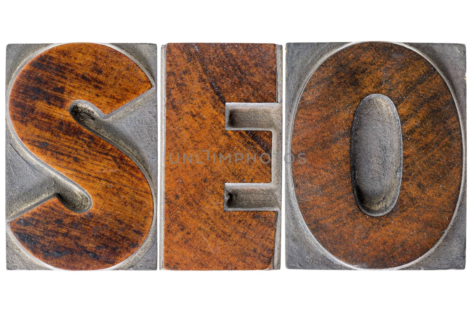 search engine optimization (SEO) - isolated text in vintage letterpress wood type