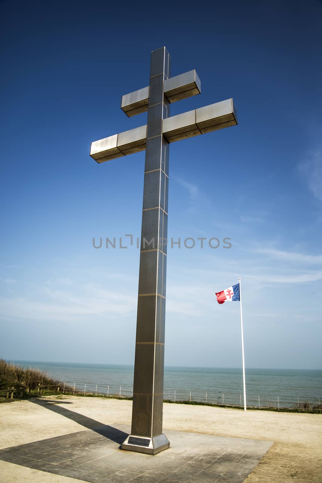 the Lorraine cross as symbol of the memorial at Juno Beach, France