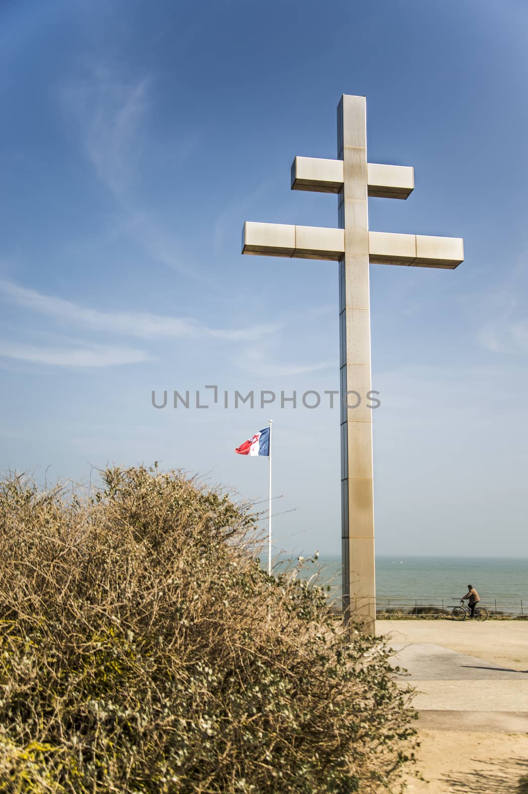 the Lorraine cross as symbol of the memorial at Juno Beach, France