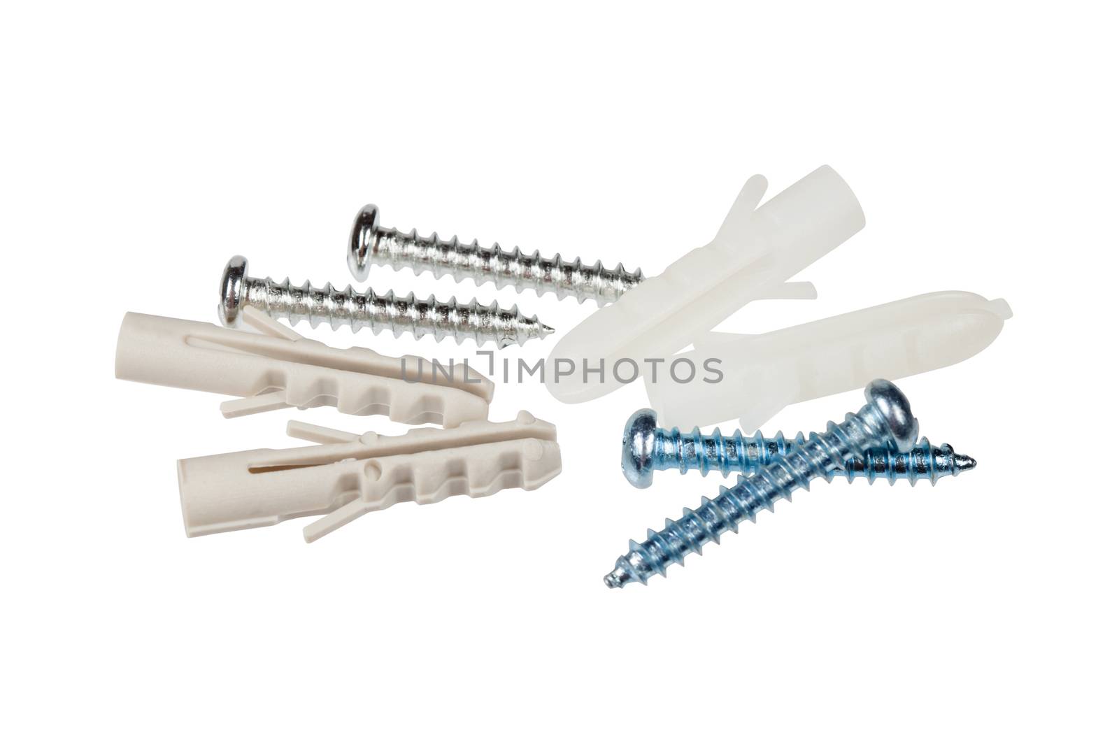 Fixing kit  screws and dowels isolated on white background