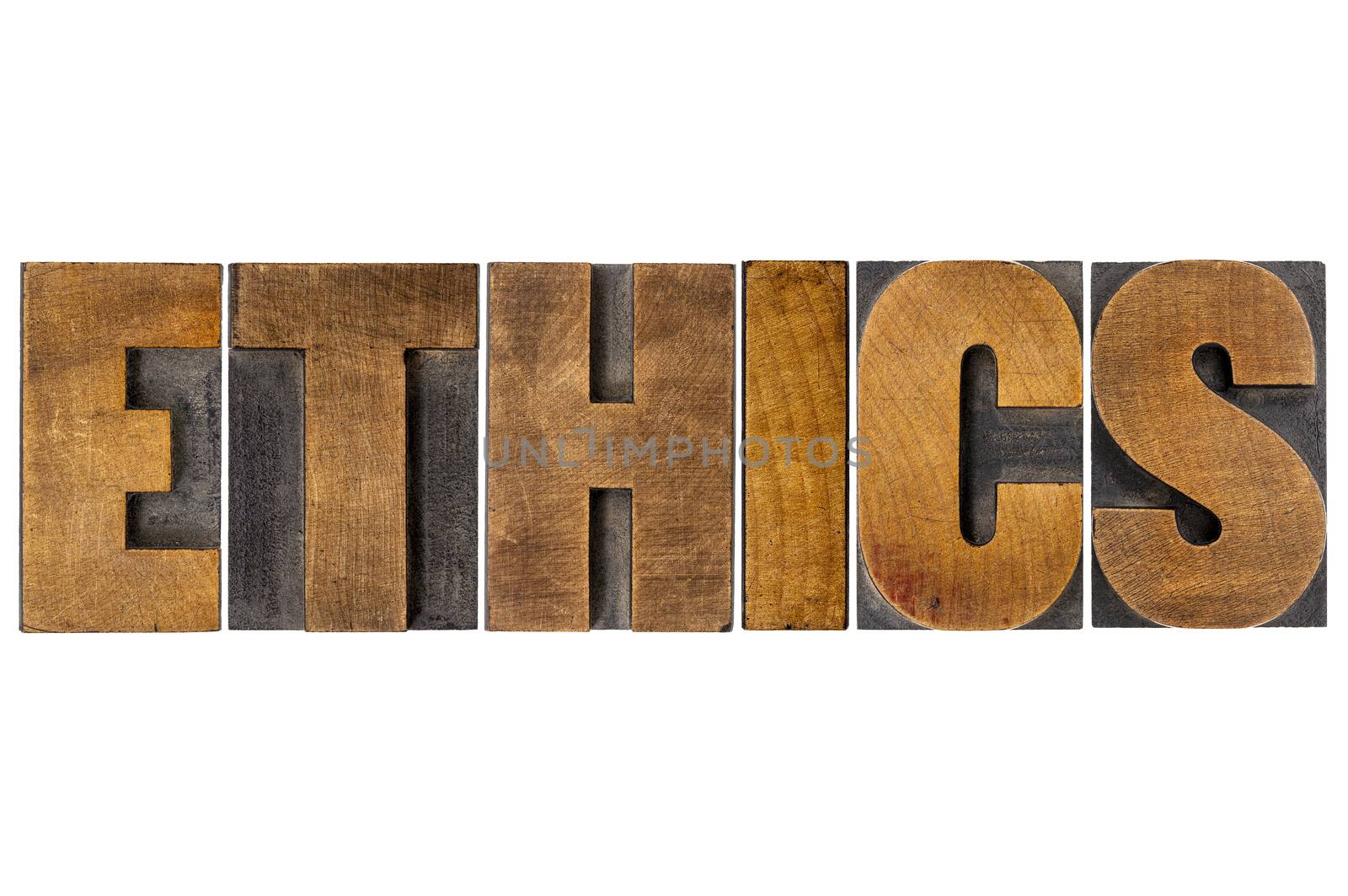 ethics word typography in wood type by PixelsAway