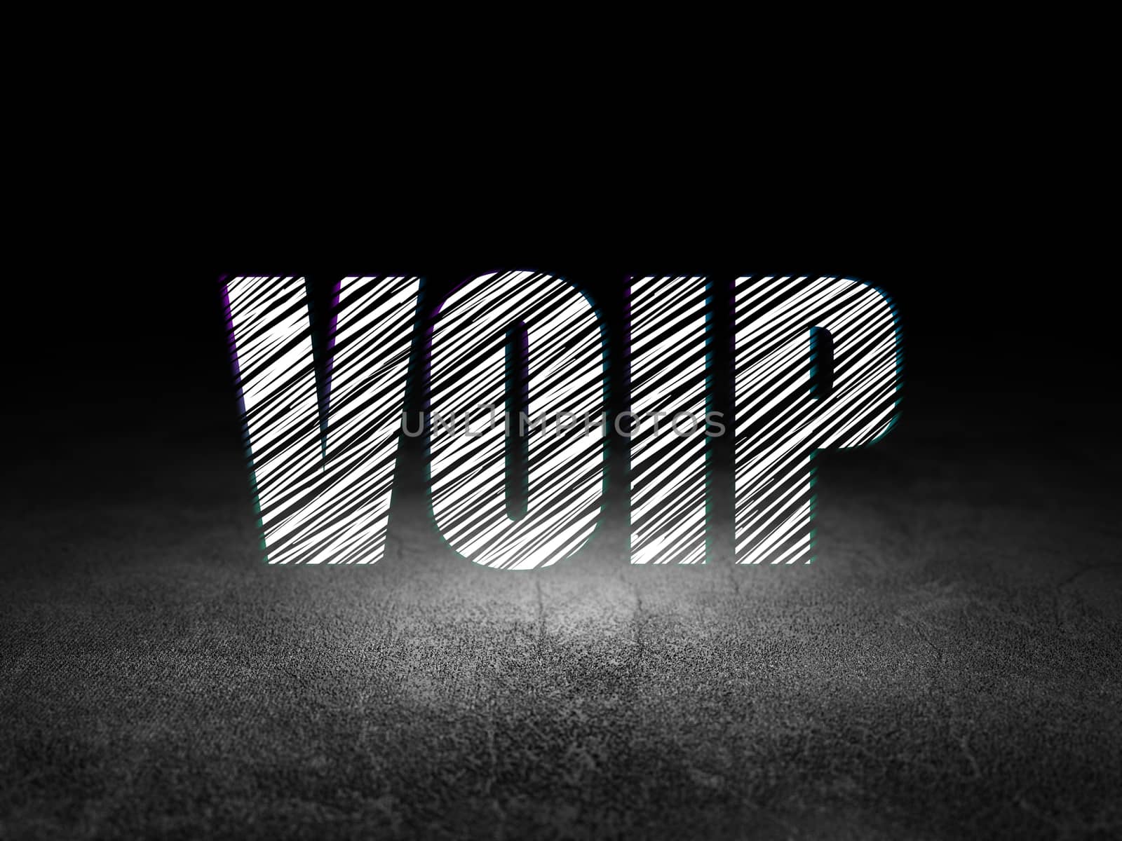 Web development concept: Glowing text VOIP in grunge dark room with Dirty Floor, black background, 3d render