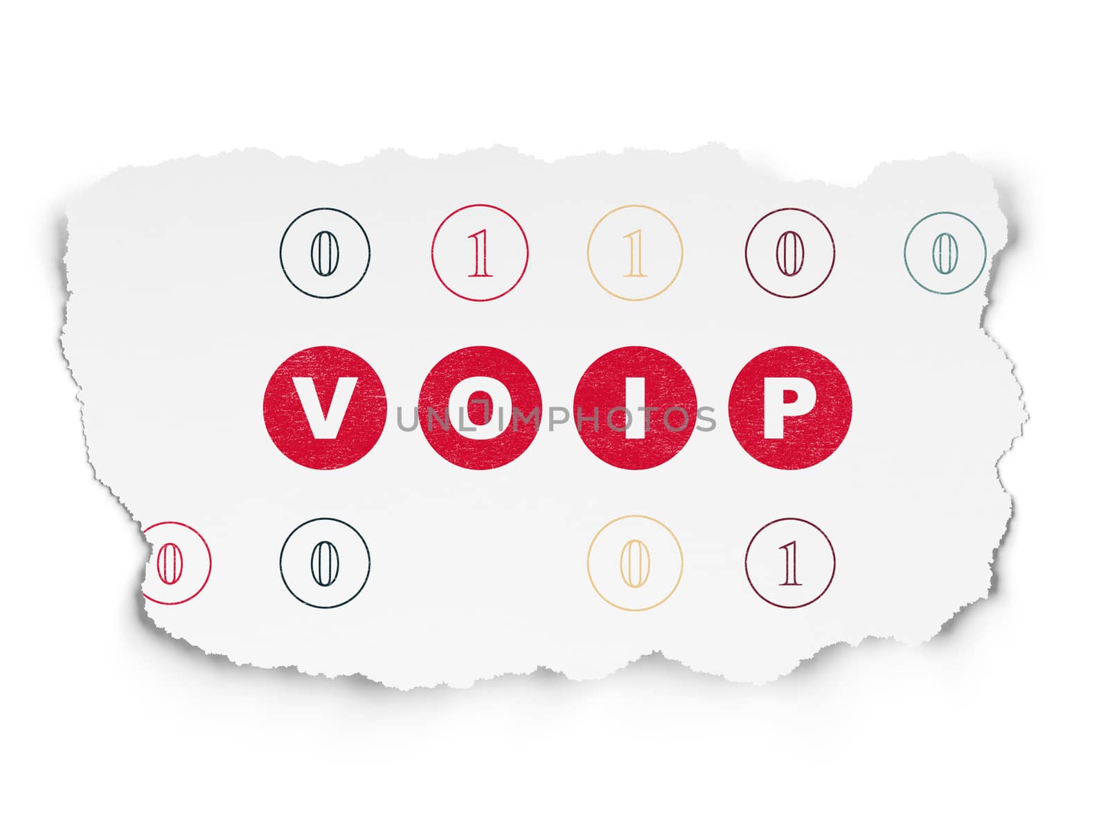 Web design concept: Painted red text VOIP on Torn Paper background with Scheme Of Binary Code, 3d render