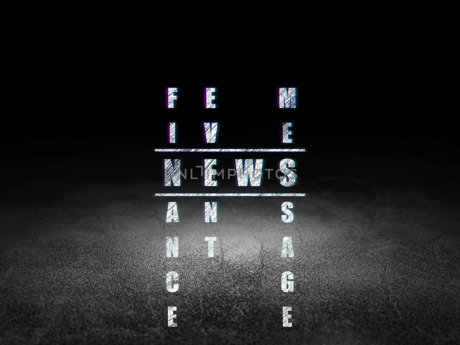 News concept: Glowing word News in solving Crossword Puzzle in grunge dark room with Dirty Floor, black background, 3d render