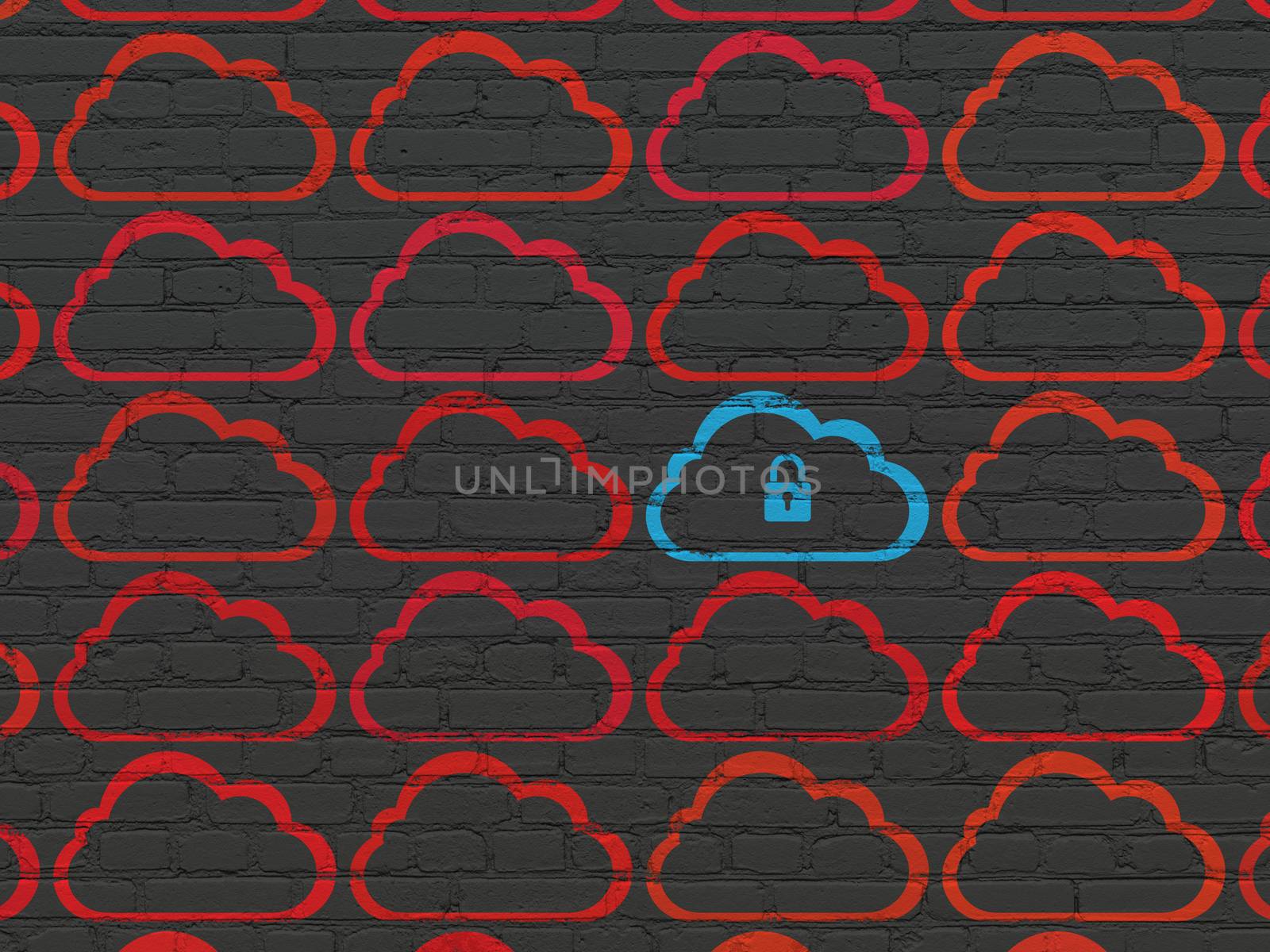 Cloud networking concept: rows of Painted red cloud icons around blue cloud with padlock icon on Black Brick wall background, 3d render