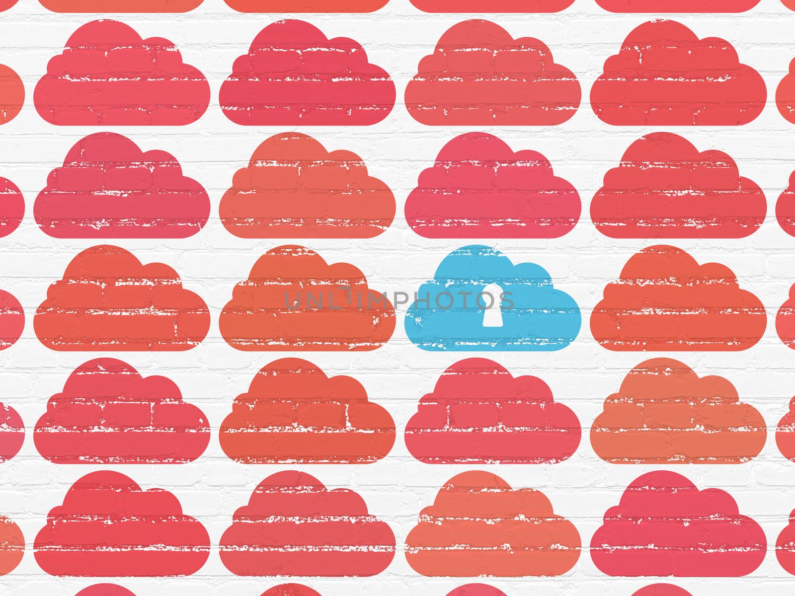 Cloud computing concept: blue cloud with keyhole icon on wall background by maxkabakov