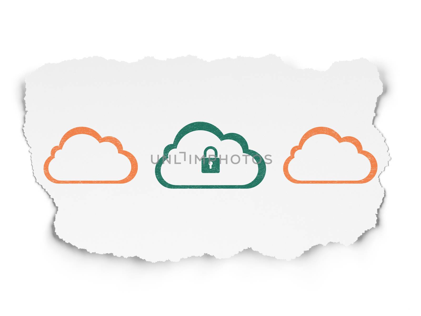 Cloud computing concept: row of Painted orange cloud icons around green cloud with padlock icon on Torn Paper background, 3d render