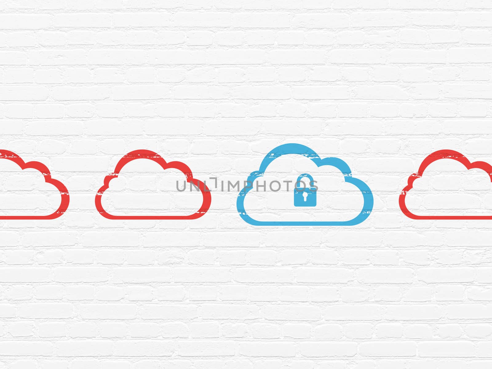 Cloud computing concept: row of Painted red cloud icons around blue cloud with padlock icon on White Brick wall background, 3d render
