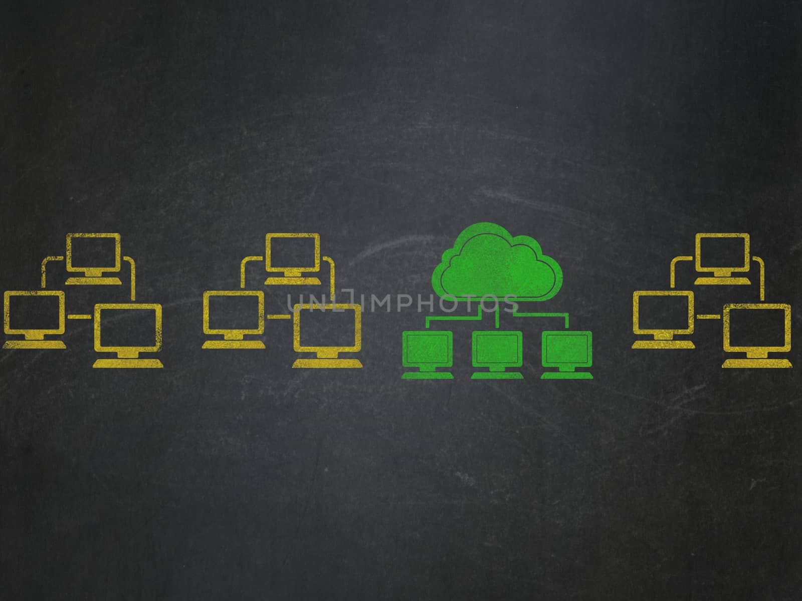 Cloud technology concept: row of Painted yellow lan computer network icons around green cloud network icon on School Board background, 3d render