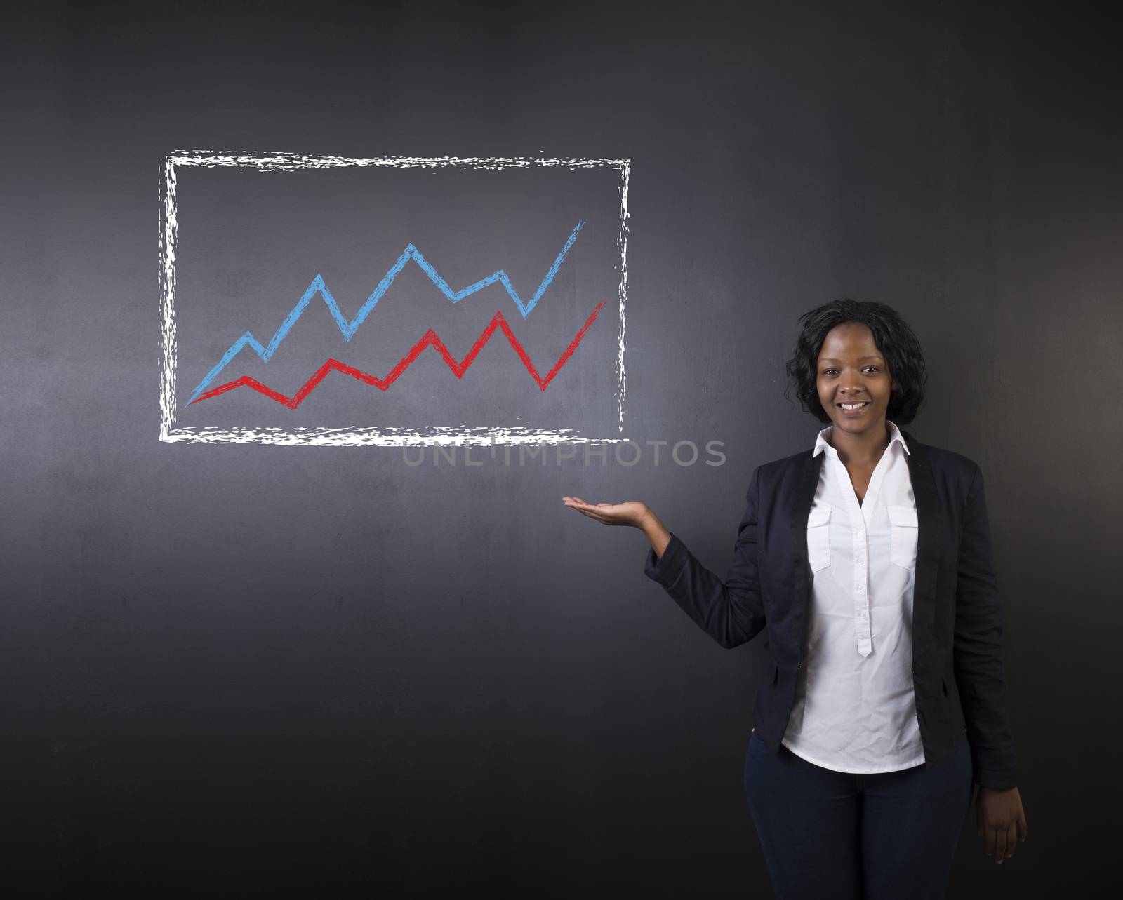 South African or African American woman teacher or student against blackboard chalk   growth line graph by alistaircotton